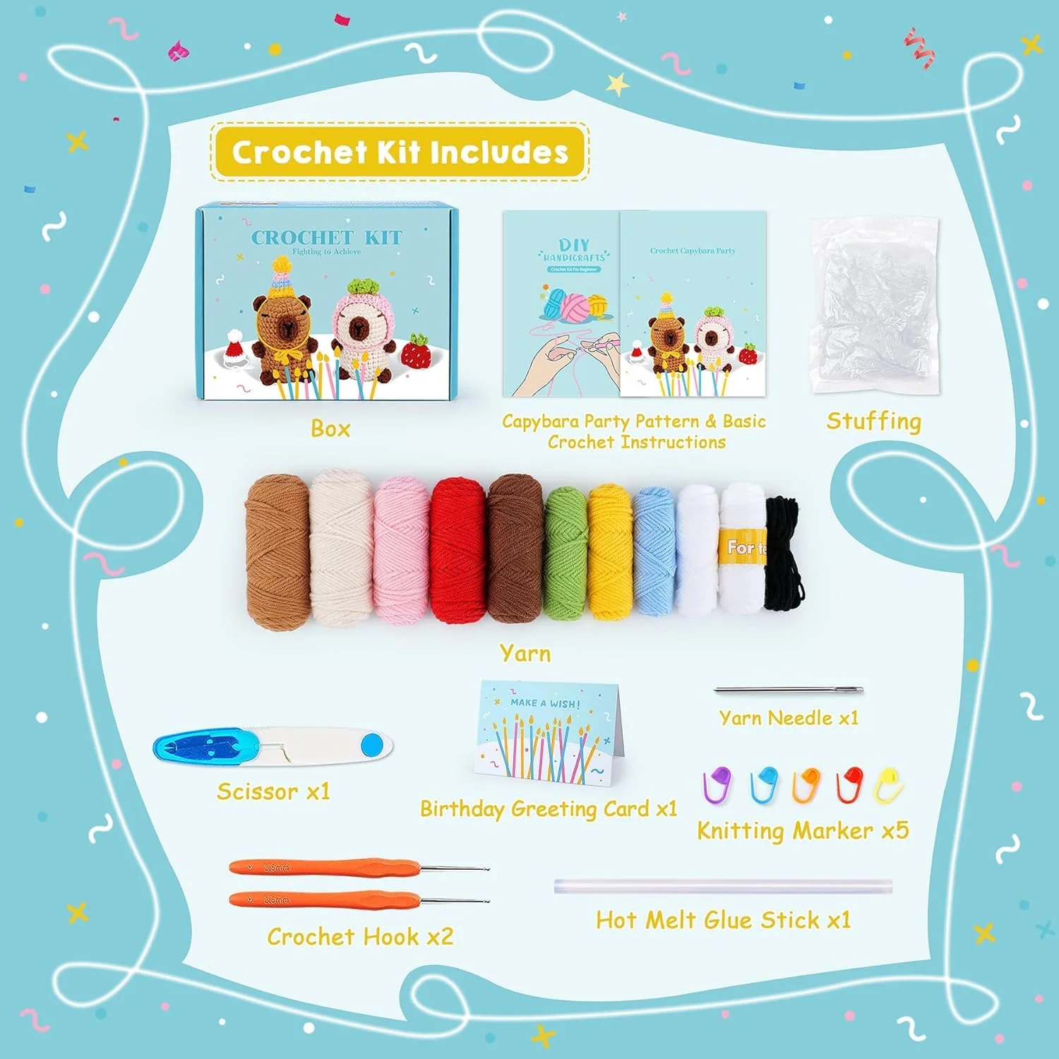کیت قلاب بافی برای مبتدیان، کیت قلاب بافی 2 عددی حیوانات کاپيبارا با آموزش های ویدئویی گام به گام، ست بافتنی حیوانات عروسکی برای بزرگسالان و کودکان، شامل تولد و کلاه