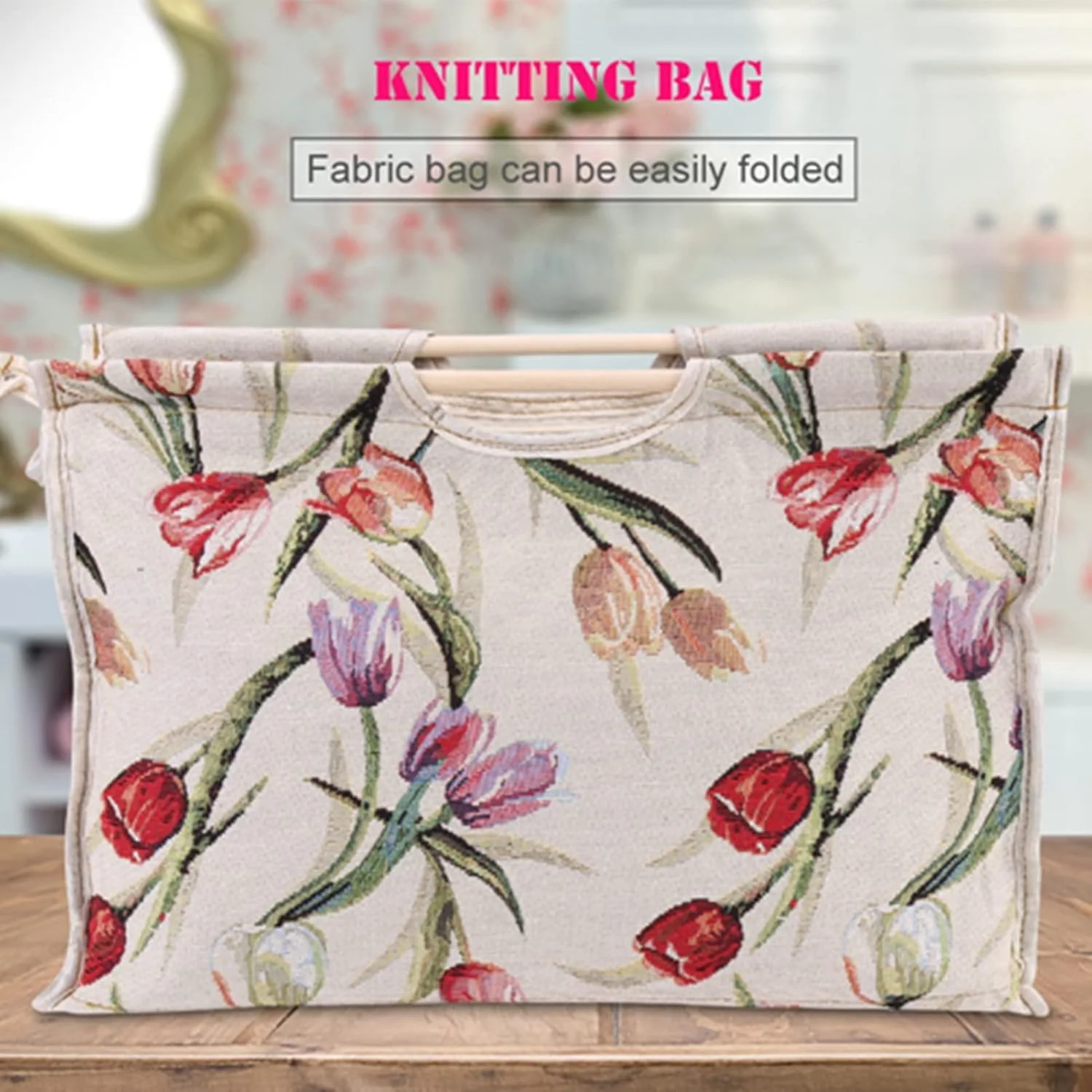 کیف نگهداری نخ با دسته چوبی، کیف بافتنی پارچه ای بافته شده برای سوزن های بافندگی، ابزار خیاطی، لوازم صنایع دستی (ژاکارد گل رز)