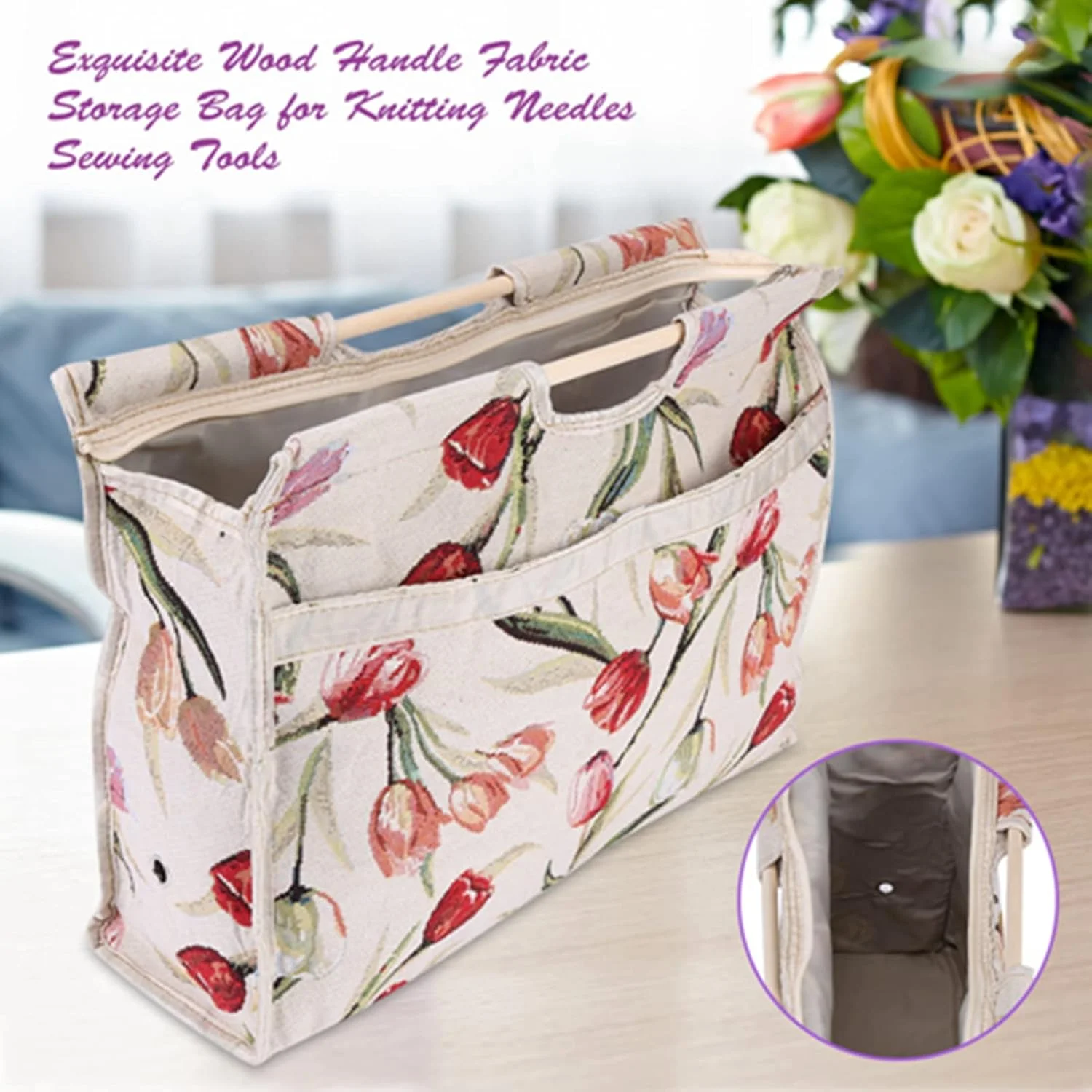 کیف نگهداری نخ با دسته چوبی، کیف بافتنی پارچه ای بافته شده برای سوزن های بافندگی، ابزار خیاطی، لوازم صنایع دستی (ژاکارد گل رز)