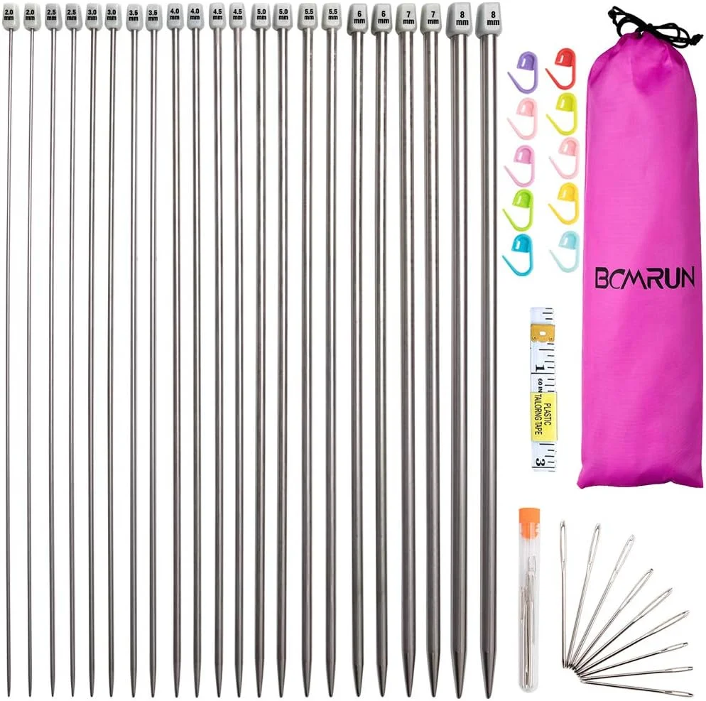 ست سوزن بافتنی تک سر استیل BCMRUN، 22 عددی، 2.0mm (B) - 8mm (طول)، (11 جفت، 11 سایز، 36 سانتی متر) به همراه سوزن های خیاطی با سوراخ بزرگ (36 سانتی متر)
