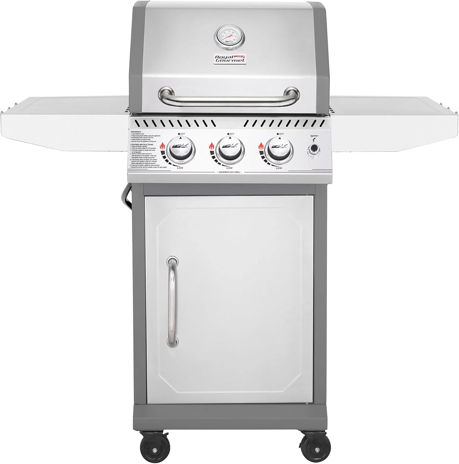 باربیکیو گازی رویال گورمت مدل GG3001S با 3 مشعل، دارای قفسه گرم کننده، توان 25500 BTU، جنس استیل ضد زنگ، دارای میزهای جانبی برای کباب پز و پخت و پز در حیاط خلوت، رنگ نقره ای