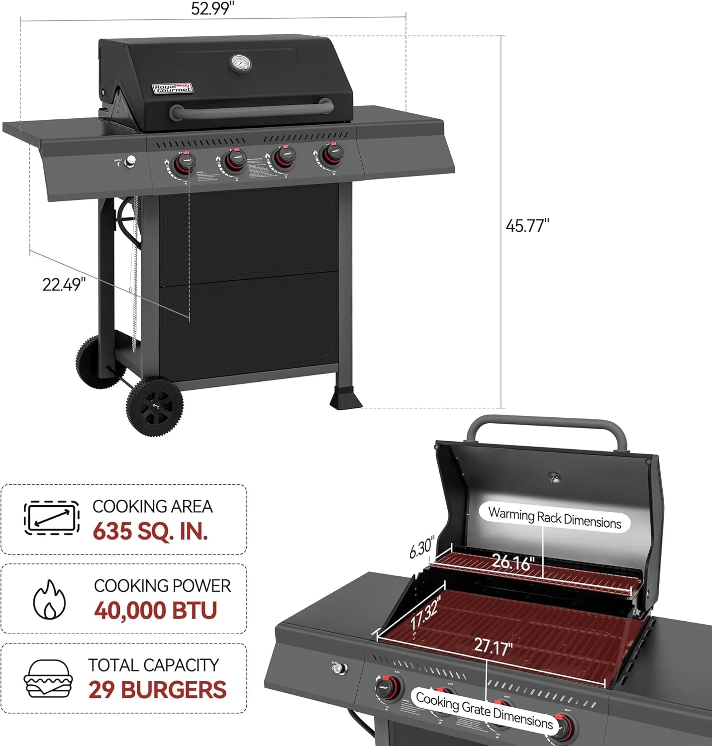 باربیکیو گازی رویال گورمت مدل GA4401T با 4 مشعل، توری چدنی روکش دار، باربیکیو فضای باز با قفسه گرم کننده برای پخت و پز در فضای باز و باربیکیو در حیاط خلوت، مشکی و خاکستری باربیکیو گازی رویال گورمت مدل GA4401T با 4 مشعل، توری چدنی روکش دار، باربیکیو فضای باز با قفسه گرم کننده برای پخت و پز در فضای باز و باربیکیو در حیاط خلوت، مشکی و خاکستری