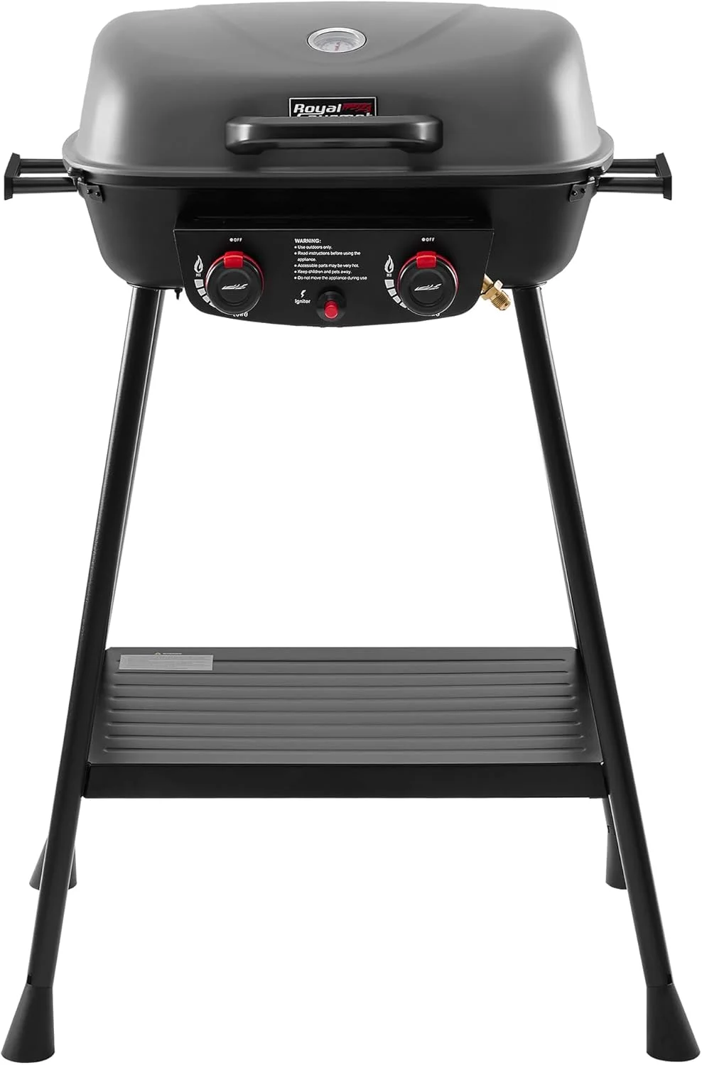 باربیکیو گازی قابل حمل 2 شعله رویال گورمت مدل GT2003 با پایه و قفسه گرم کننده، ترکیبی از گریل و تابه 2 در 1 با خروجی 17000 BTU برای کمپینگ، گردش، حیاط خلوت، خاکستری