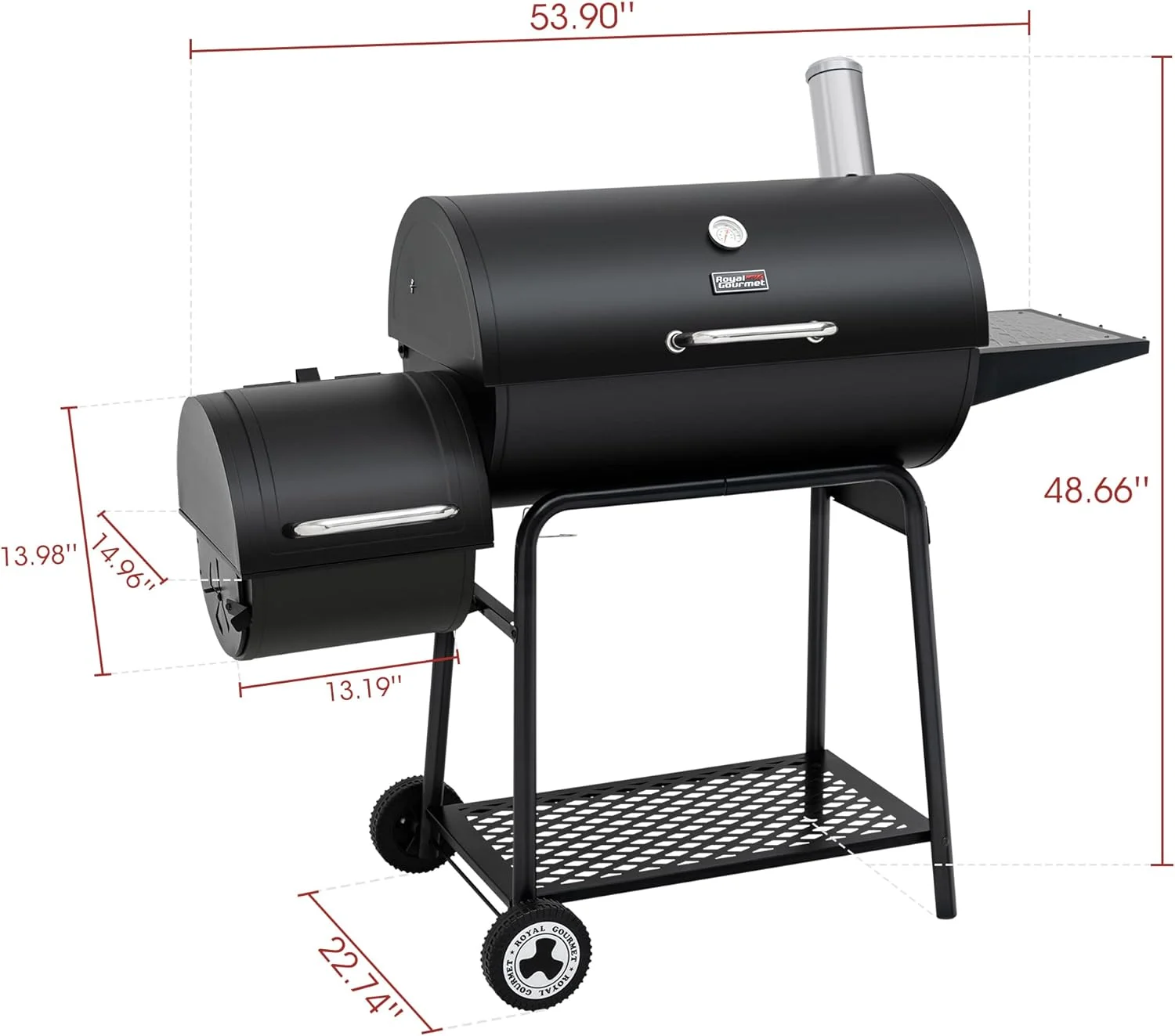 باربیکیو زغالی بشکه ای رویال گورمت مدل CC1830M با اسموکر جانبی و قفسه گرم کننده، باربیکیو فضای باز با 811 اینچ مربع فضای پخت و پز برای حیاط خلوت، پاسیو و مهمانی ها، مشکی