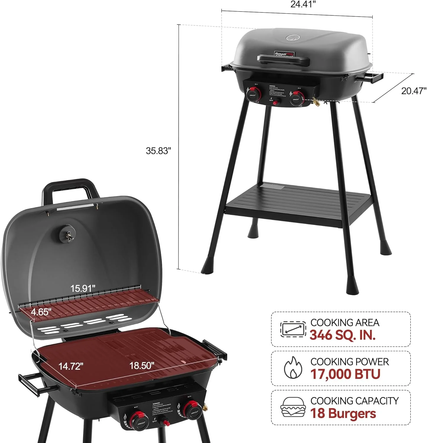 باربیکیو گازی قابل حمل 2 شعله رویال گورمت مدل GT2003 با پایه و قفسه گرم کننده، ترکیبی از گریل و تابه 2 در 1 با خروجی 17000 BTU برای کمپینگ، گردش، حیاط خلوت، خاکستری