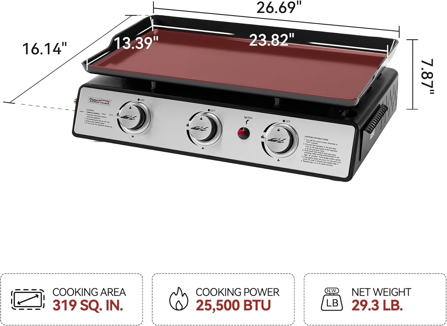 گریل گازی روی میز رویال گورمت مدل PD1301S با 3 شعله، 24 اینچ، به همراه درپوش، 25500 BTU، مناسب برای پخت و پز در فضای باز، کمپینگ یا گردش، مشکی گریل گازی روی میز رویال گورمت مدل PD1301S با 3 شعله، 24 اینچ، به همراه درپوش، 25500 BTU، مناسب برای پخت و پز در فضای باز، کمپینگ یا گردش، مشکی