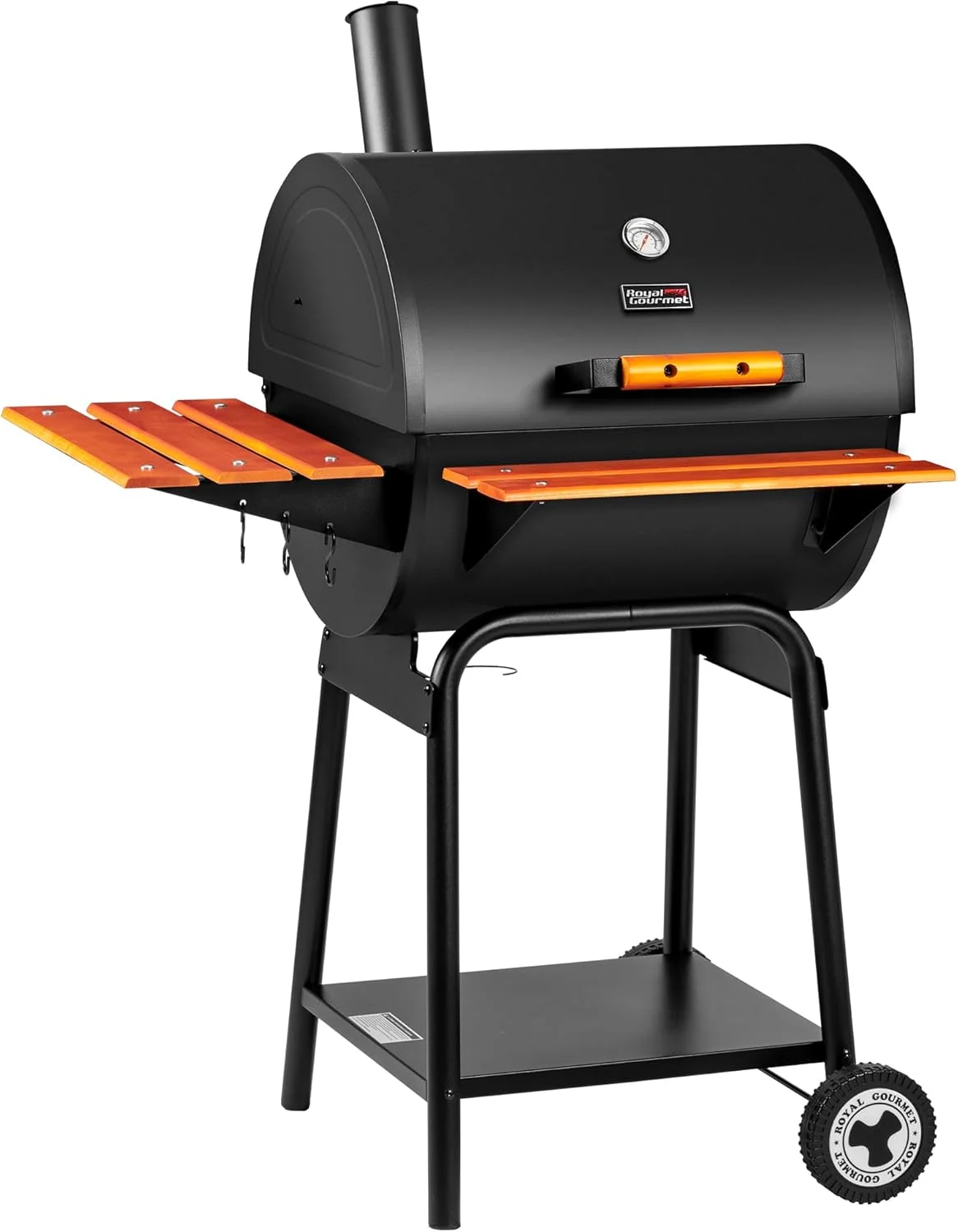 باربیکیو ذغالی بشکه ای 24 اینچی رویال گورمت مدل CC2024 با میز جلویی و میز جانبی چوبی، باربیکیو فضای باز با قفسه گرم کننده برای مهمانی در حیاط خلوت، مشکی