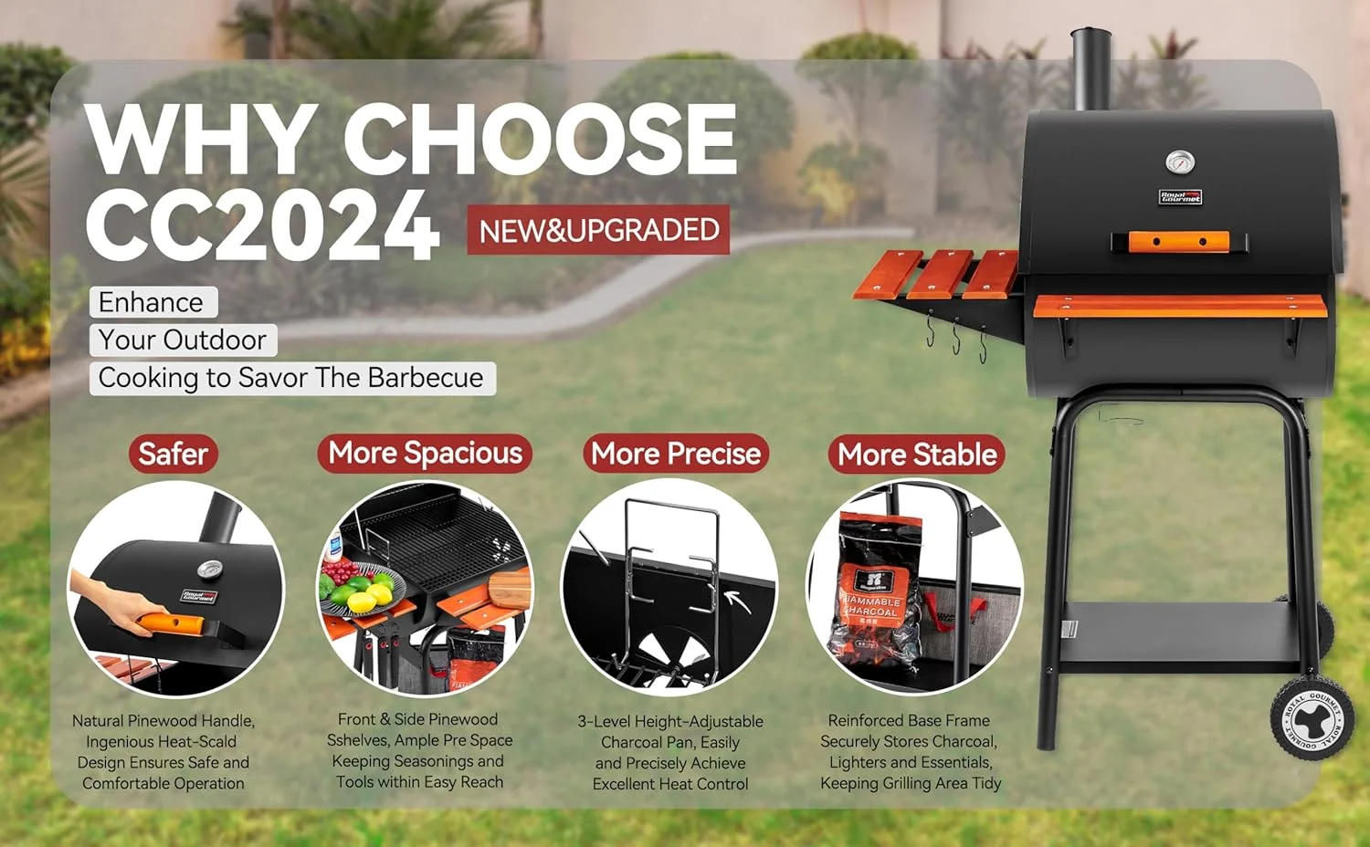 باربیکیو ذغالی بشکه ای 24 اینچی رویال گورمت مدل CC2024 با میز جلویی و میز جانبی چوبی، باربیکیو فضای باز با قفسه گرم کننده برای مهمانی در حیاط خلوت، مشکی