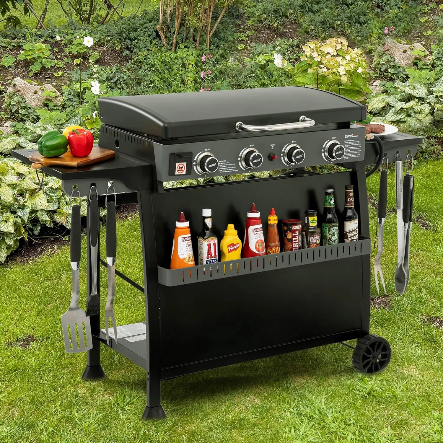 گریل گازی رویال گورمت مدل PD4001 با 4 مشعل و چرخ متحرک، قابل تبدیل به گریل رومیزی، گریل صفحه تخت با درب برای کمپینگ، پیک نیک و حیاط خلوت، مشکی