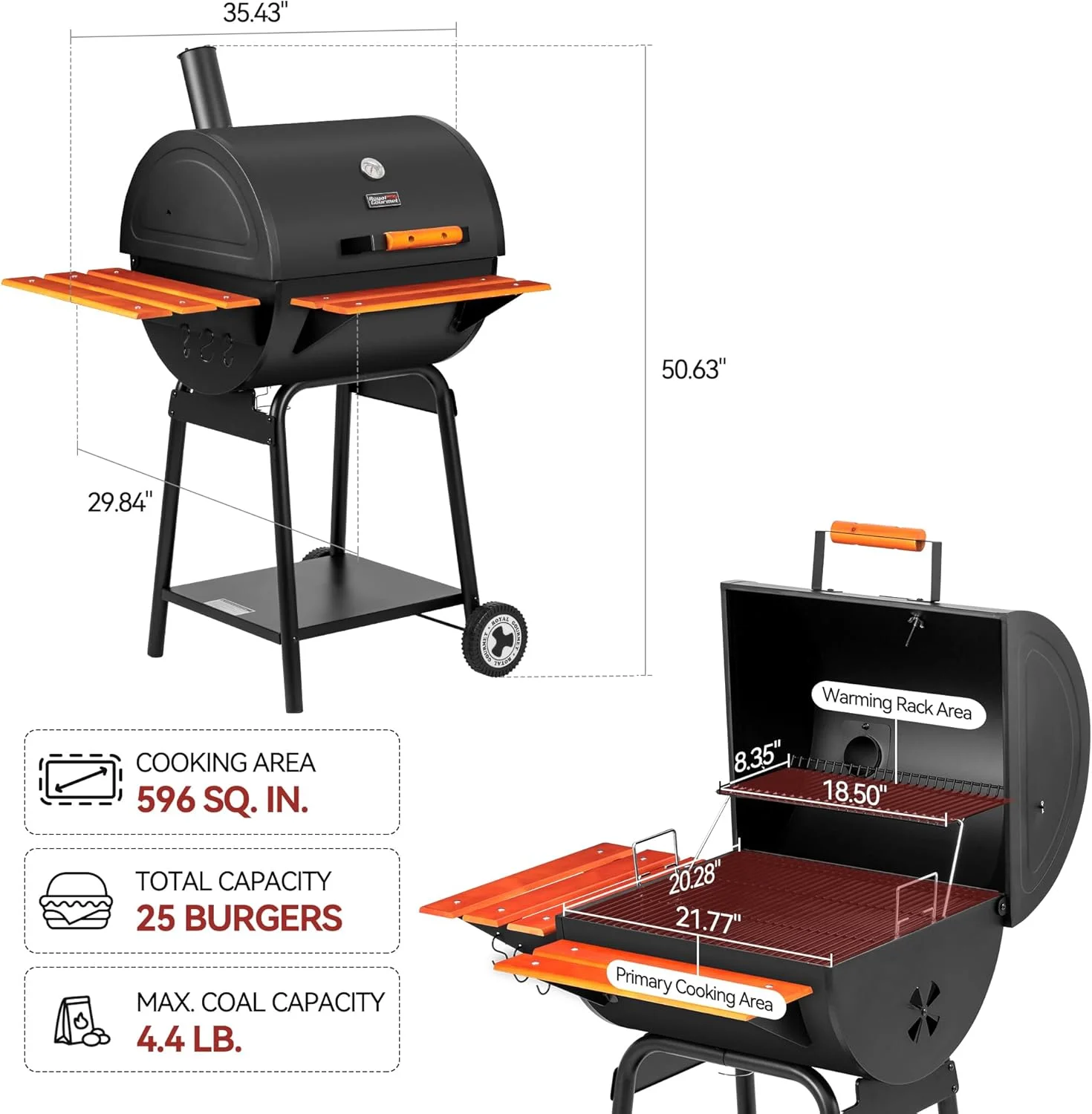 باربیکیو ذغالی بشکه ای 24 اینچی رویال گورمت مدل CC2024 با میز جلویی و میز جانبی چوبی، باربیکیو فضای باز با قفسه گرم کننده برای مهمانی در حیاط خلوت، مشکی