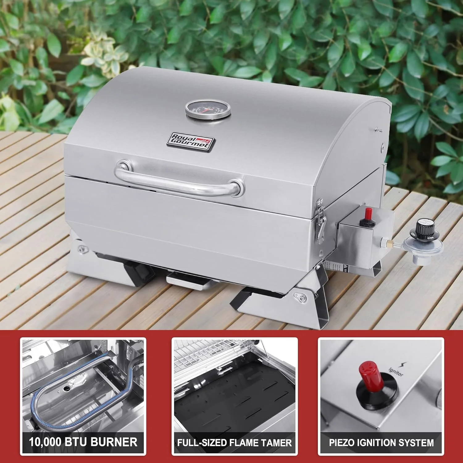 گریل استیل قابل حمل رویال گورمت مدل GT1001، گریل گازی رومیزی BBQ با قدرت 10000 BTU با پایه های تاشو و درب قفل شونده، مناسب کمپینگ در فضای باز، عرشه و مهمانی های کنار خودرو، نقره ای گریل استیل قابل حمل رویال گورمت مدل GT1001، گریل گازی رومیزی BBQ با قدرت 10000 BTU با پایه های تاشو و درب قفل شونده، مناسب کمپینگ در فضای باز، عرشه و مهمانی های کنار خودرو، نقره ای