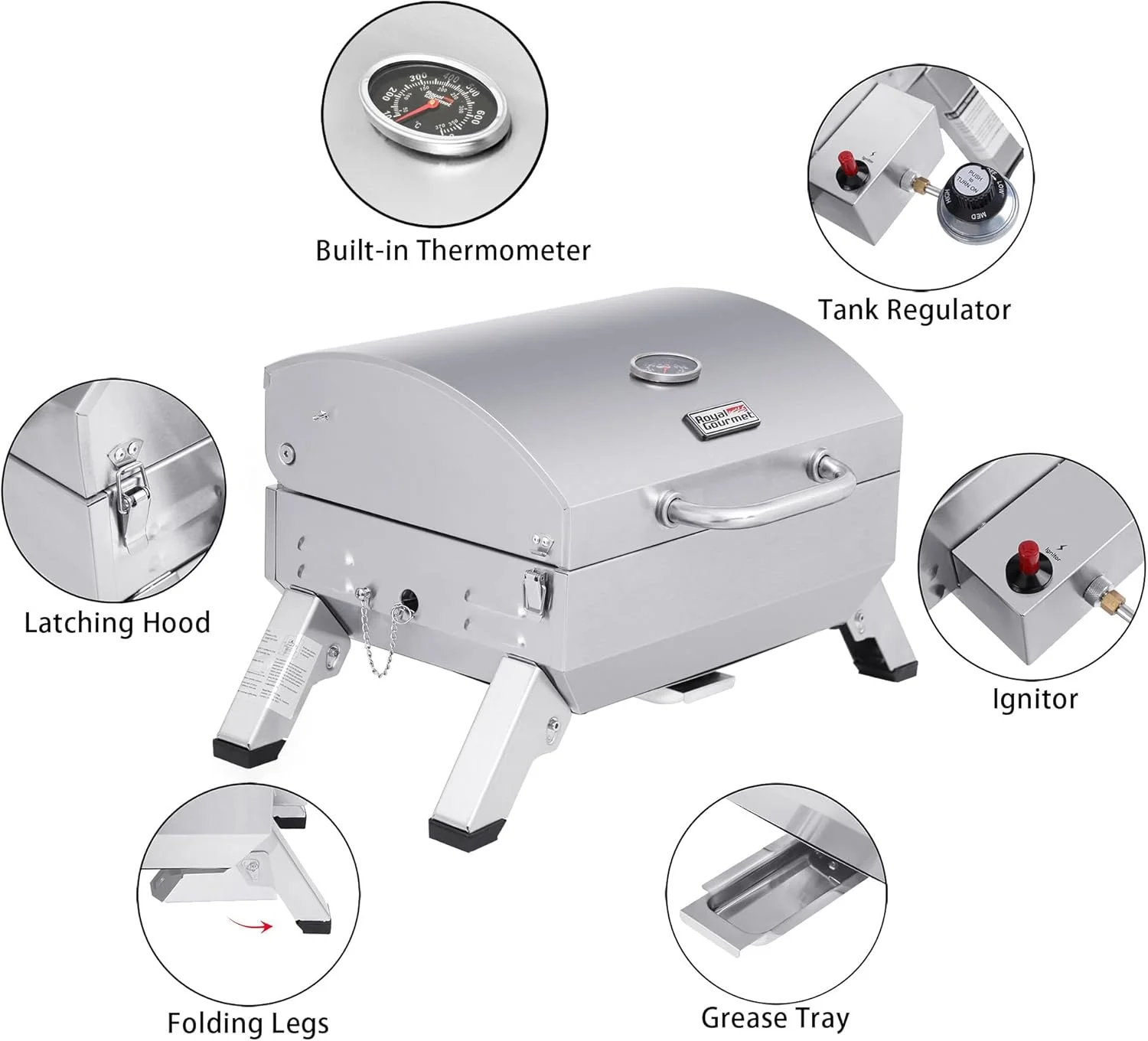 گریل استیل قابل حمل رویال گورمت مدل GT1001، گریل گازی رومیزی BBQ با قدرت 10000 BTU با پایه های تاشو و درب قفل شونده، مناسب کمپینگ در فضای باز، عرشه و مهمانی های کنار خودرو، نقره ای گریل استیل قابل حمل رویال گورمت مدل GT1001، گریل گازی رومیزی BBQ با قدرت 10000 BTU با پایه های تاشو و درب قفل شونده، مناسب کمپینگ در فضای باز، عرشه و مهمانی های کنار خودرو، نقره ای