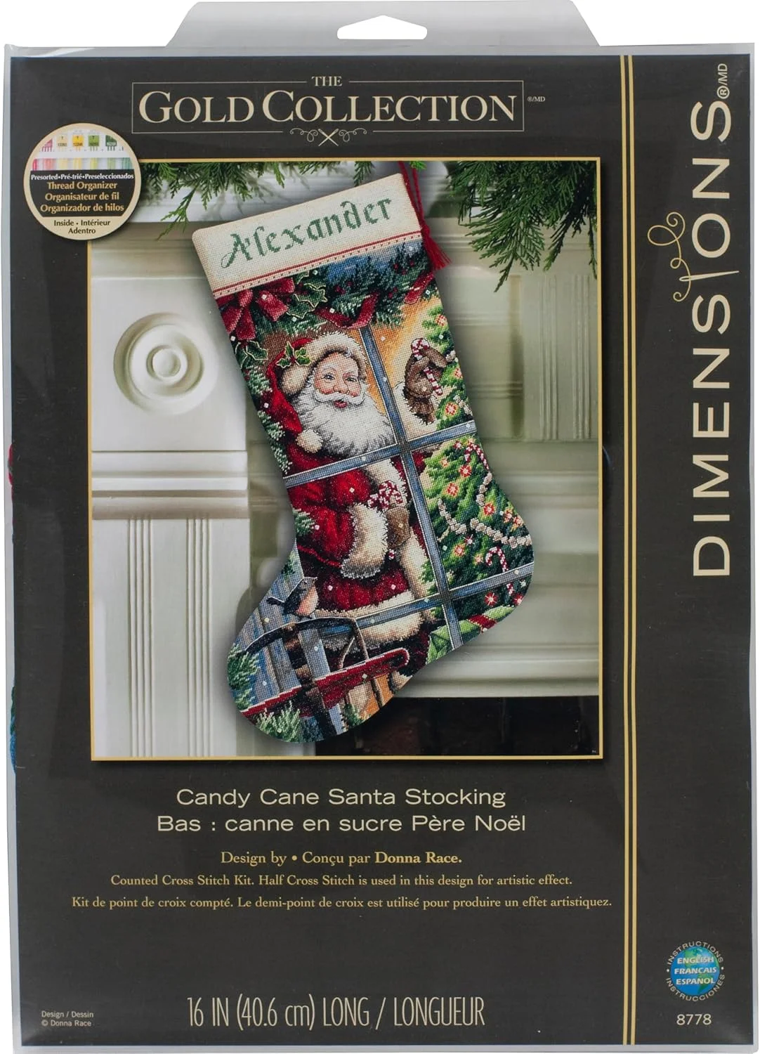 کیت جوراب کریسمس گلد کالکشن بابانوئل Dimensions قابل شخصی سازی، گلدوزی شمارش شده، 41 سانتی متر، 16 کانت Aida خاکستری کبوتر
