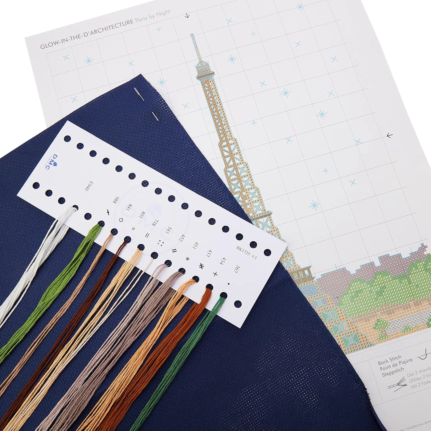 کیت گلدوزی DMC پاریس در شب، شامل پارچه آیدا، سوزن، نخ‌های کتان و دستورالعمل