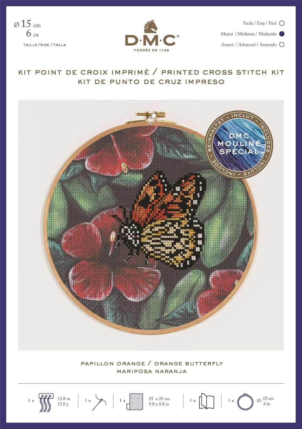 کیت گلدوزی پروانه نارنجی DMC، شامل نخ های گلدوزی، سوزن، حلقه چوبی و دستورالعمل