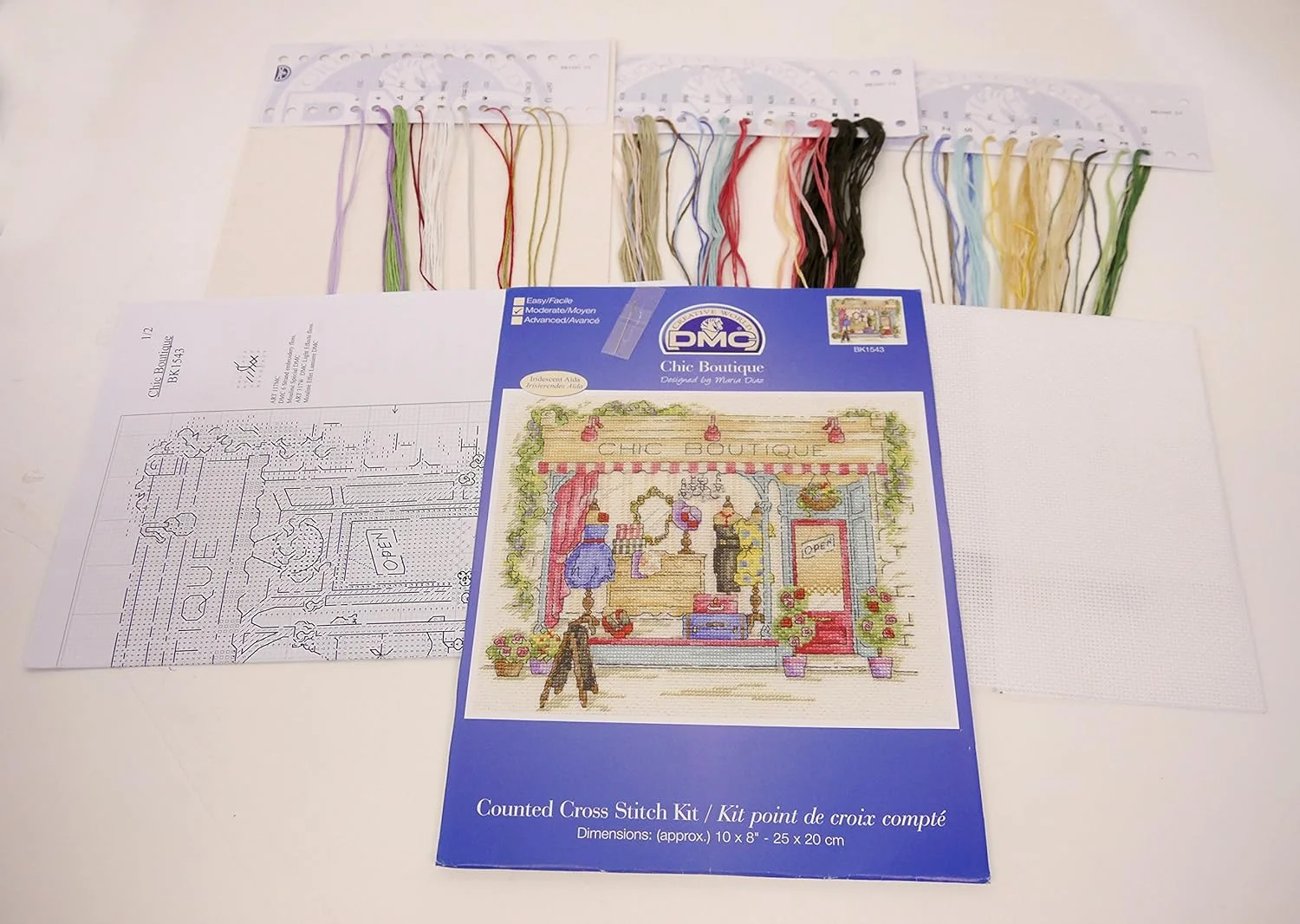 کیت شیک بوتیک DMC، شامل پارچه آیدا 14 کانت سفید رنگین کمانی، نخ گلدوزی، سوزن و دستورالعمل