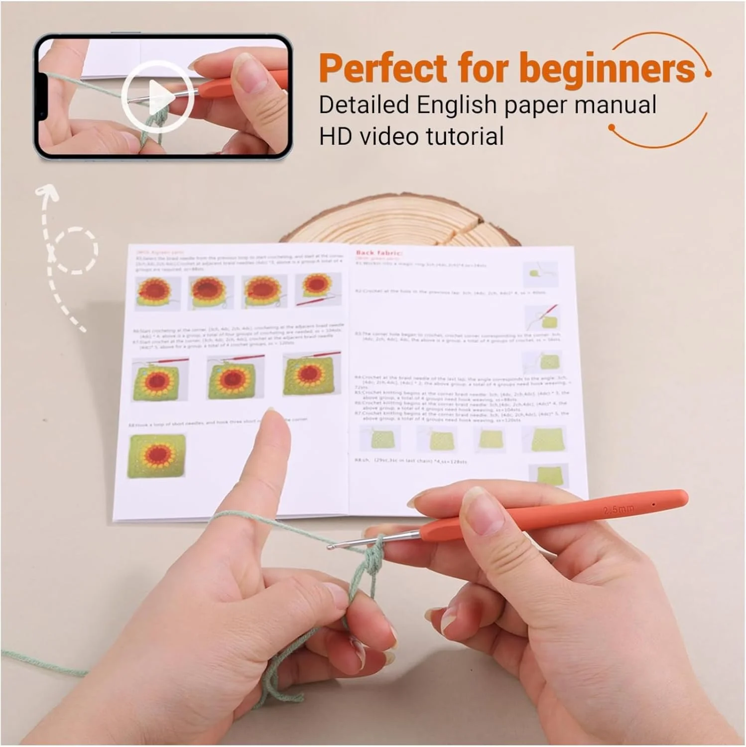 کیت کامل قلاب بافی KASTWAVE برای مبتدیان با قلاب و لوازم، طرح گل بنفش و بژ برای بزرگسالان