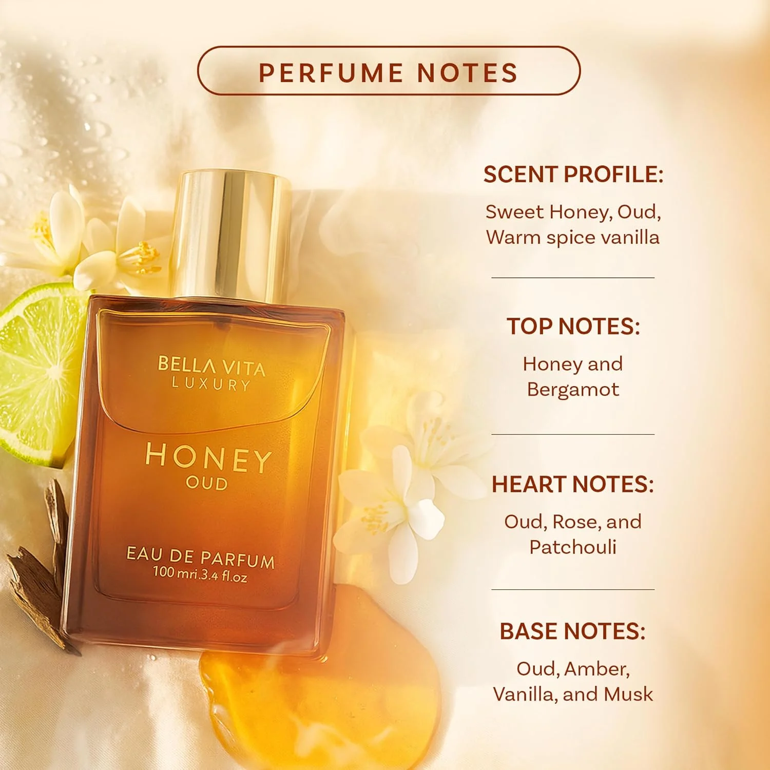 ادکلن унисекс مردانه و زنانه Bella Vita Luxury Honey Oud Eau De Parfum با رایحه نعناع هندی، وانیل، ترنج | عطر گلی و تند EDP، 100 میلی لیتر