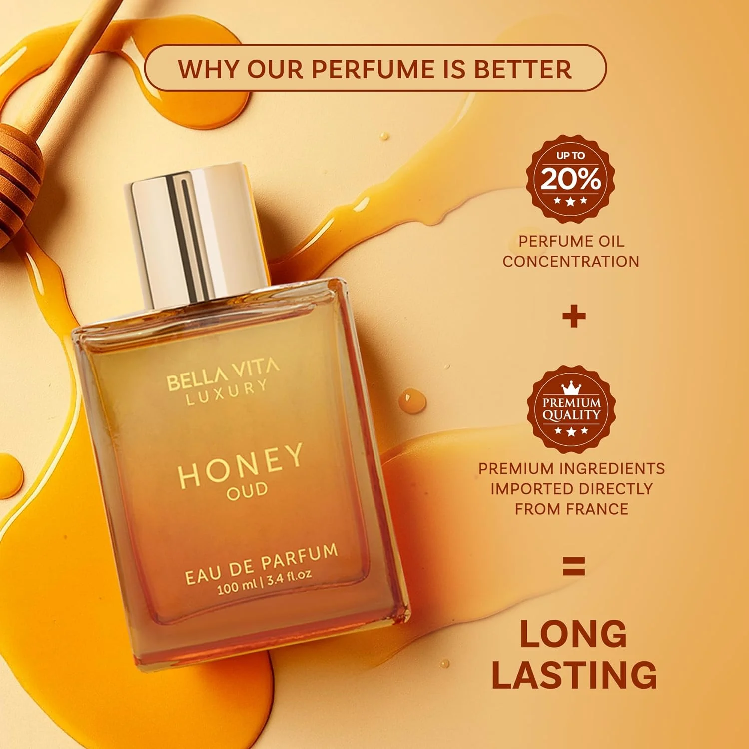 ادکلن унисекс مردانه و زنانه Bella Vita Luxury Honey Oud Eau De Parfum با رایحه نعناع هندی، وانیل، ترنج | عطر گلی و تند EDP، 100 میلی لیتر