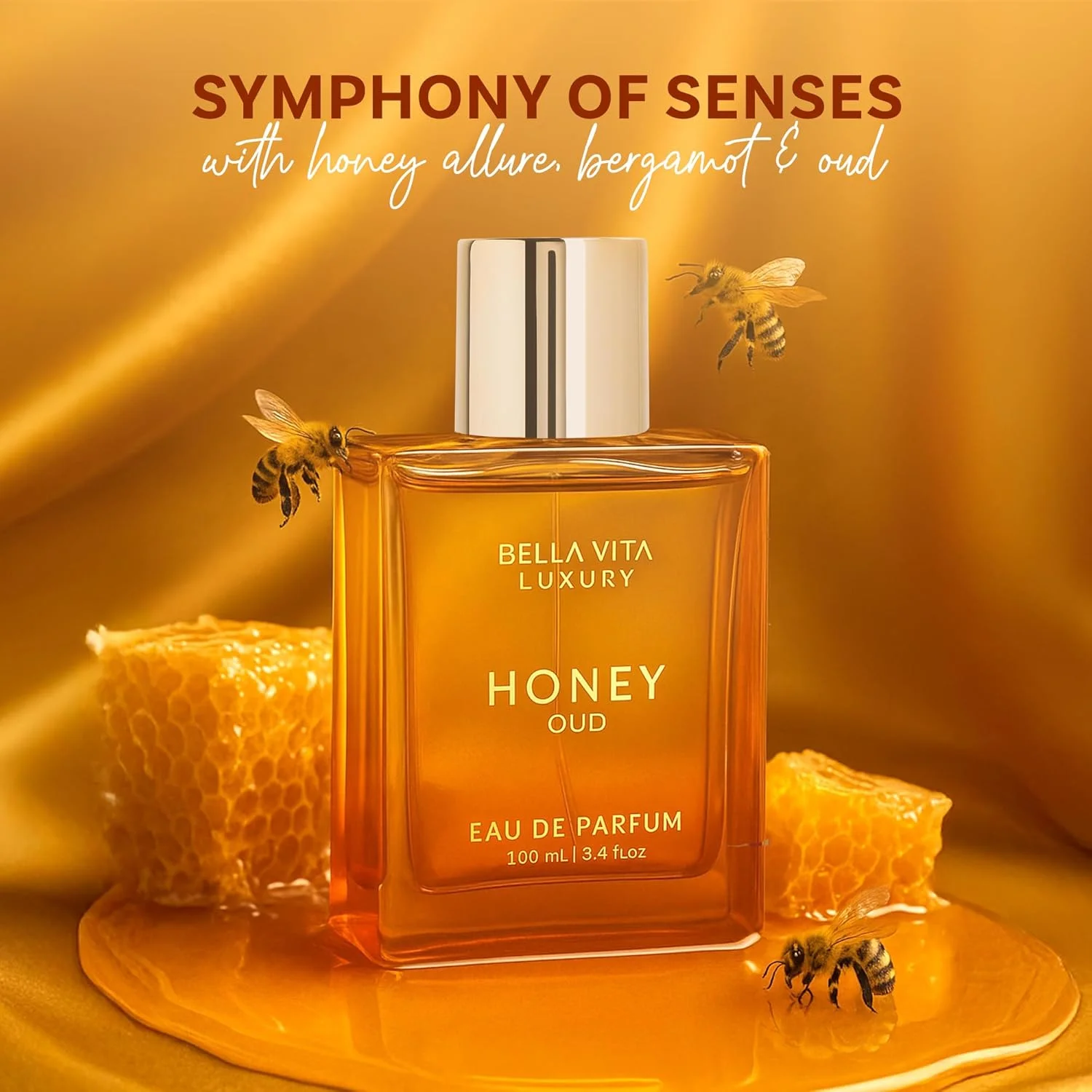 ادکلن унисекс مردانه و زنانه Bella Vita Luxury Honey Oud Eau De Parfum با رایحه نعناع هندی، وانیل، ترنج | عطر گلی و تند EDP، 100 میلی لیتر