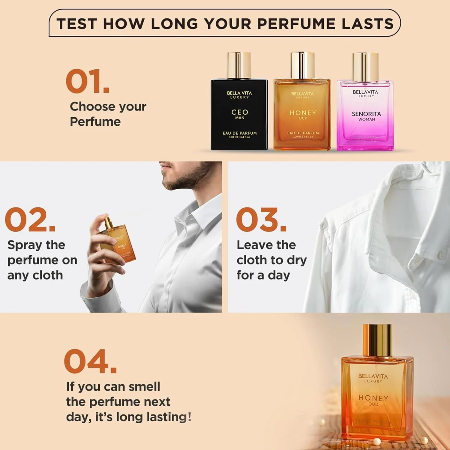 ادکلن унисекс مردانه و زنانه Bella Vita Luxury Honey Oud Eau De Parfum با رایحه نعناع هندی، وانیل، ترنج | عطر گلی و تند EDP، 100 میلی لیتر