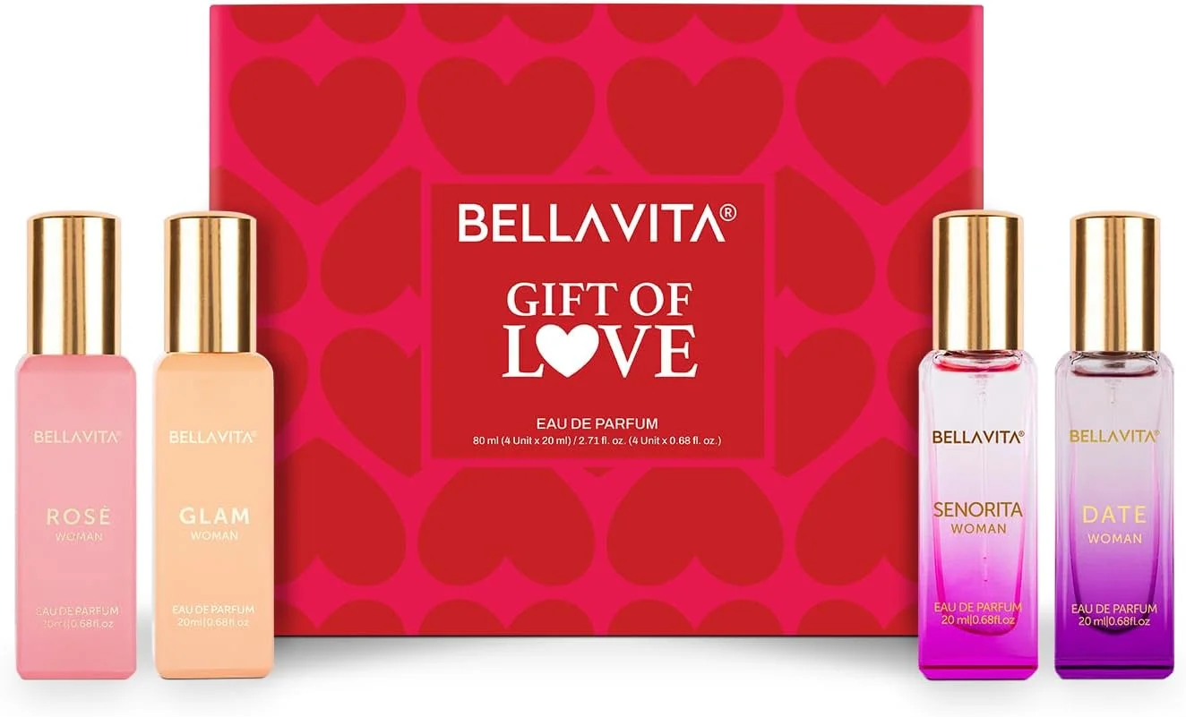 ست هدیه عطر زنانه Bella Vita Luxury، 4 عدد 20 میلی لیتری برای ولنتاین | سنوریتا، دیت، گلام، عطر رز | عطر ماندگار برای زنان
