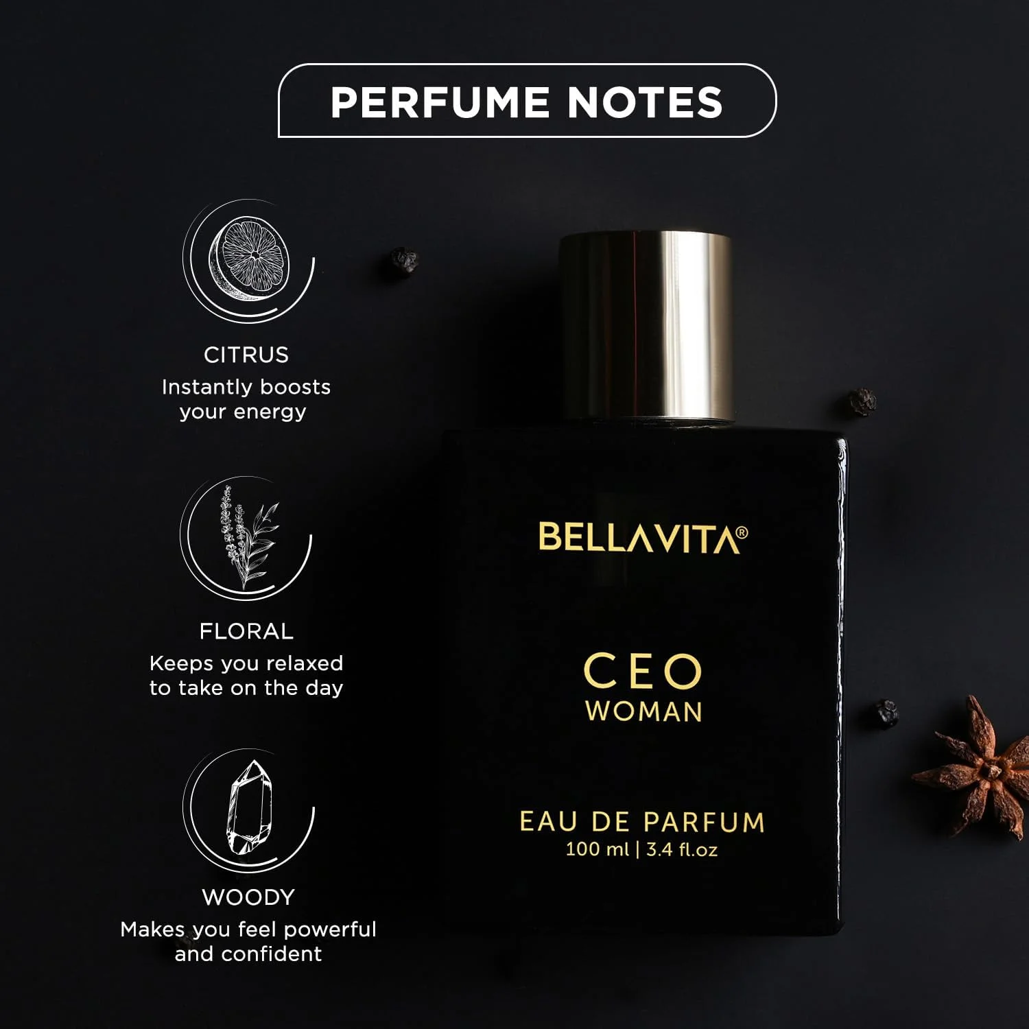 ادکلن زنانه Bella Vita Luxury CEO | ادو پرفیوم ماندگار 100 میلی لیتری | با رایحه ترنج، دانه تونکا و وانیل | عطر ممتاز، چوبی و میوه ای برای زنان