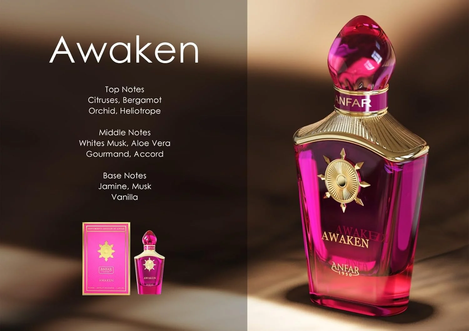 عطر زنانه آنفر 1950 AWAKEN اکستریت د پرفیوم، 100 میلی لیتر، مرکبات، ترنج، ارکیده، گل آفتاب پرست، مشک سفید، آلوئه ورا. عطر زنانه آنفر 1950 AWAKEN اکستریت د پرفیوم، 100 میلی لیتر، مرکبات، ترنج، ارکیده، گل آفتاب پرست، مشک سفید، آلوئه ورا.