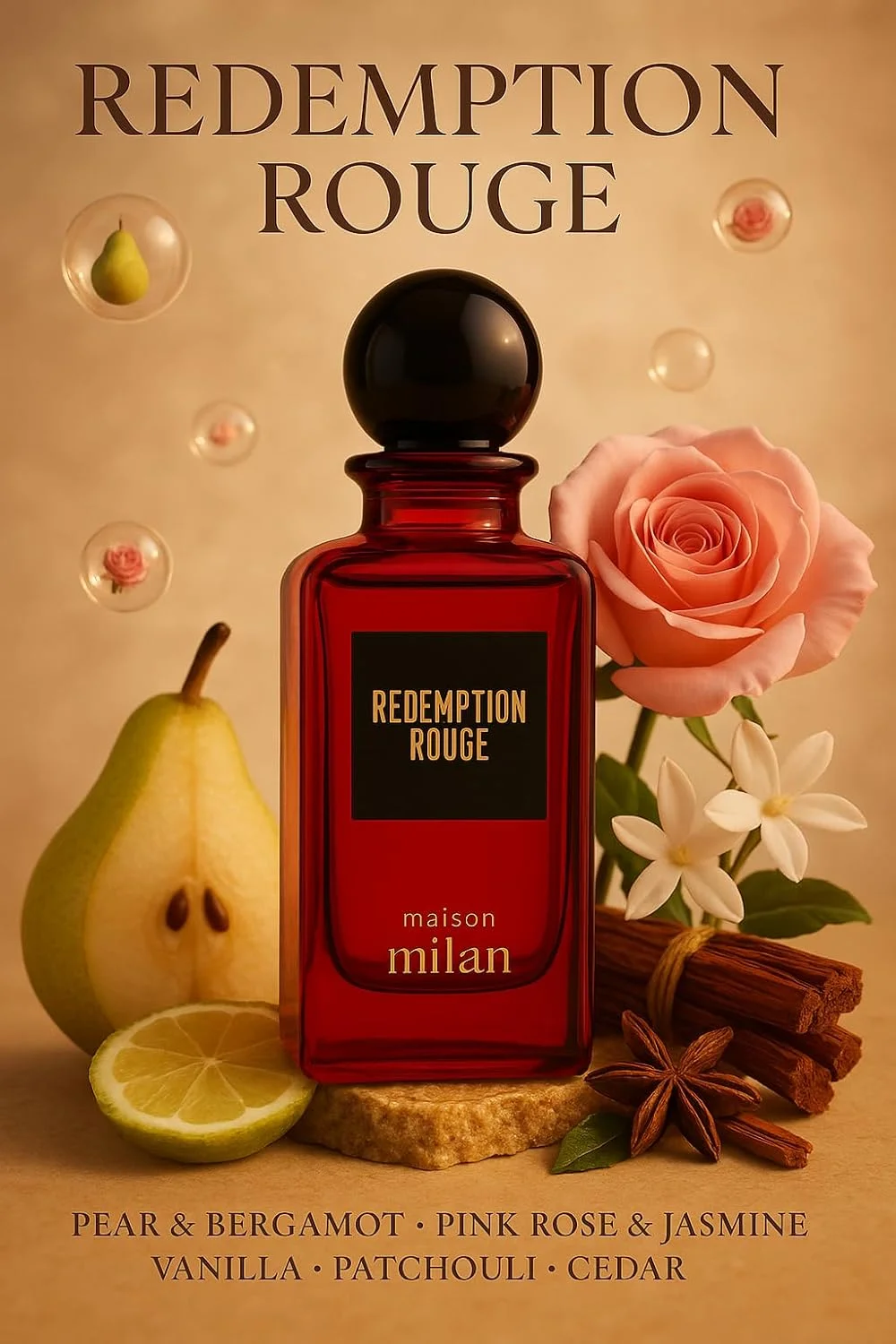 ادکلن زنانه لاکچری آسنز میسون میلان مدل Redemption Rouge EDP حجم 90 میلی لیتر