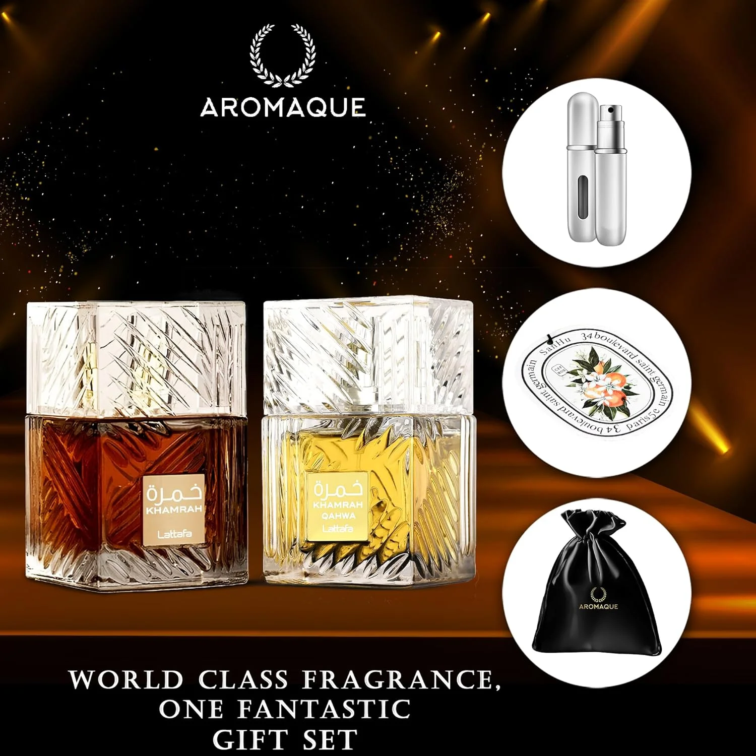 مجموعه هدیه AROMAQUE شامل عطر لطافه خمره و ادو پرفیوم لطافه خمره قهوه унисекс 100 میلی لیتر به همراه 1 بطری خالی قابل پر کردن مسافرتی، 4 کارت خوشبو کننده ماشین معطر و یک کیف ساتن مجموعه هدیه AROMAQUE شامل عطر لطافه خمره و ادو پرفیوم لطافه خمره قهوه унисекс 100 میلی لیتر به همراه 1 بطری خالی قابل پر کردن مسافرتی، 4 کارت خوشبو کننده ماشین معطر و یک کیف ساتن