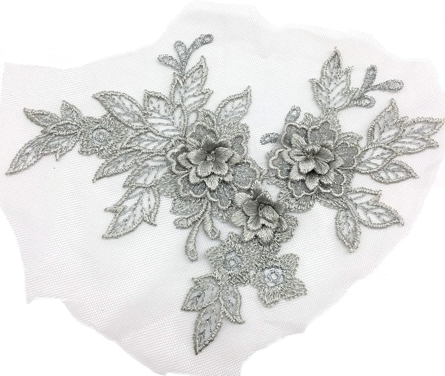 PEPPERLONELY 2 عدد اپلیکه توری گلدوزی شده گل خاکستری سه بعدی، تزئین لباس عروسی دست ساز، کاردستی خیاطی DIY، 19 x 15 سانتی متر