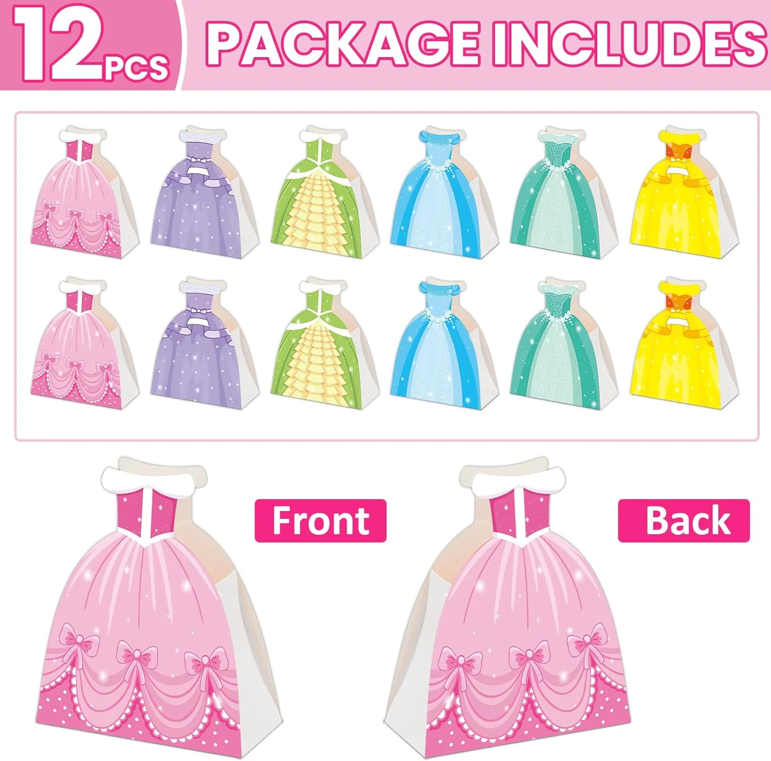 جعبه های هدیه کاغذی پرنسس 12 عددی برای تزئینات جشن تولد پرنسس، کیسه های آب نبات به شکل لباس پرنسس، جعبه هدیه مهمانی پرنسس برای لوازم جشن تولد کودک