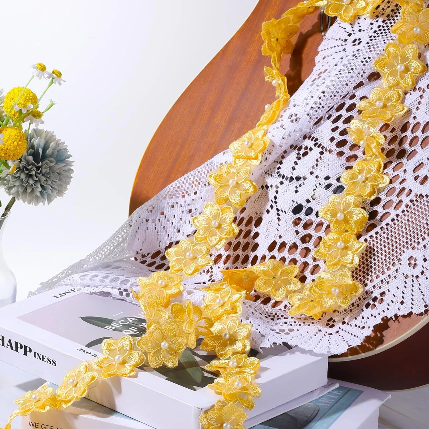 نوار توری گل سه بعدی پلی استر 2 یاردی، نوار توری گل زرد، اپلیکه گلدوزی شده برای دوخت لباس عروسی، تزئین لباس DIY، لوازم صنایع دستی، دکوراسیون نوار توری گل سه بعدی پلی استر 2 یاردی، نوار توری گل زرد، اپلیکه گلدوزی شده برای دوخت لباس عروسی، تزئین لباس DIY، لوازم صنایع دستی، دکوراسیون