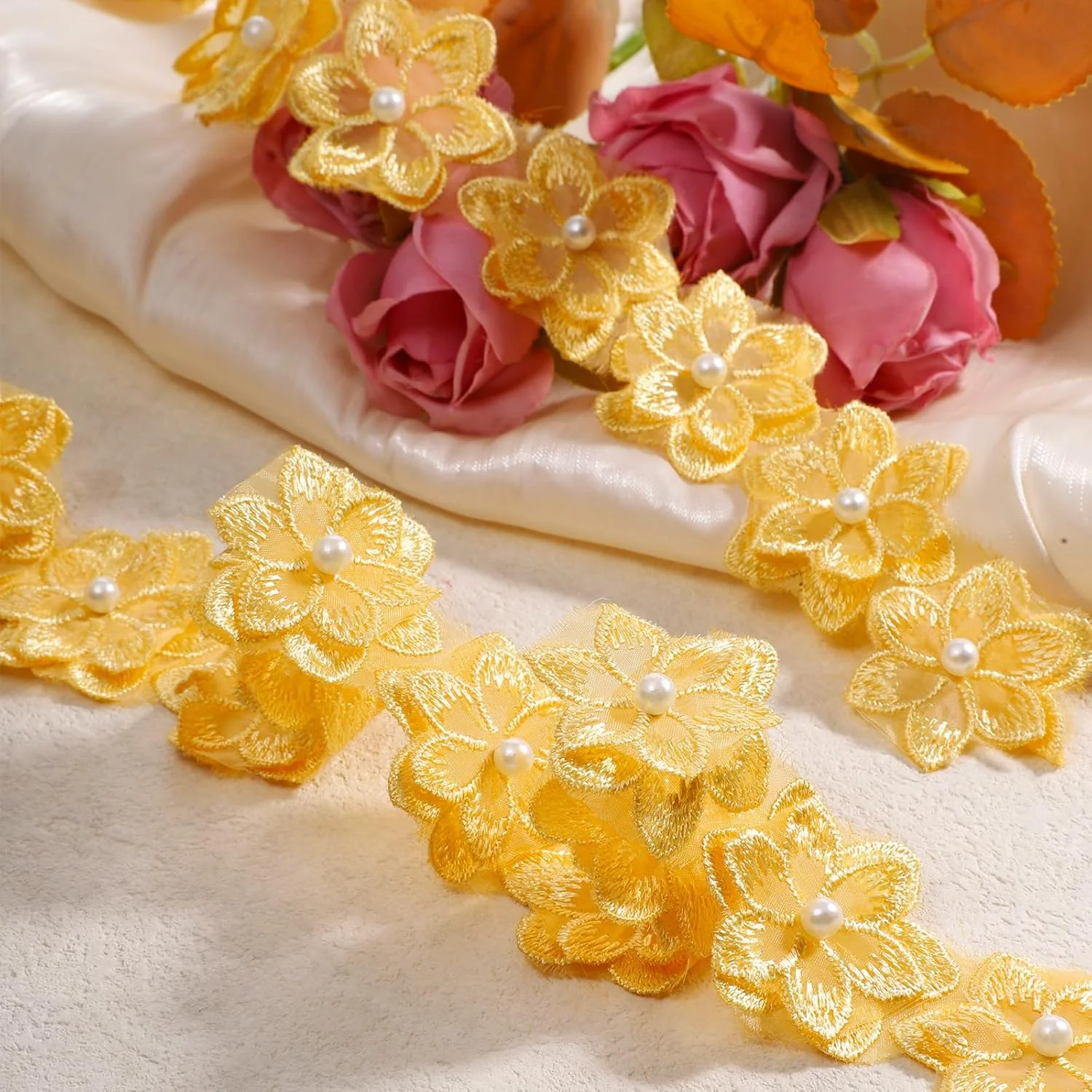 نوار توری گل سه بعدی پلی استر 2 یاردی، نوار توری گل زرد، اپلیکه گلدوزی شده برای دوخت لباس عروسی، تزئین لباس DIY، لوازم صنایع دستی، دکوراسیون نوار توری گل سه بعدی پلی استر 2 یاردی، نوار توری گل زرد، اپلیکه گلدوزی شده برای دوخت لباس عروسی، تزئین لباس DIY، لوازم صنایع دستی، دکوراسیون