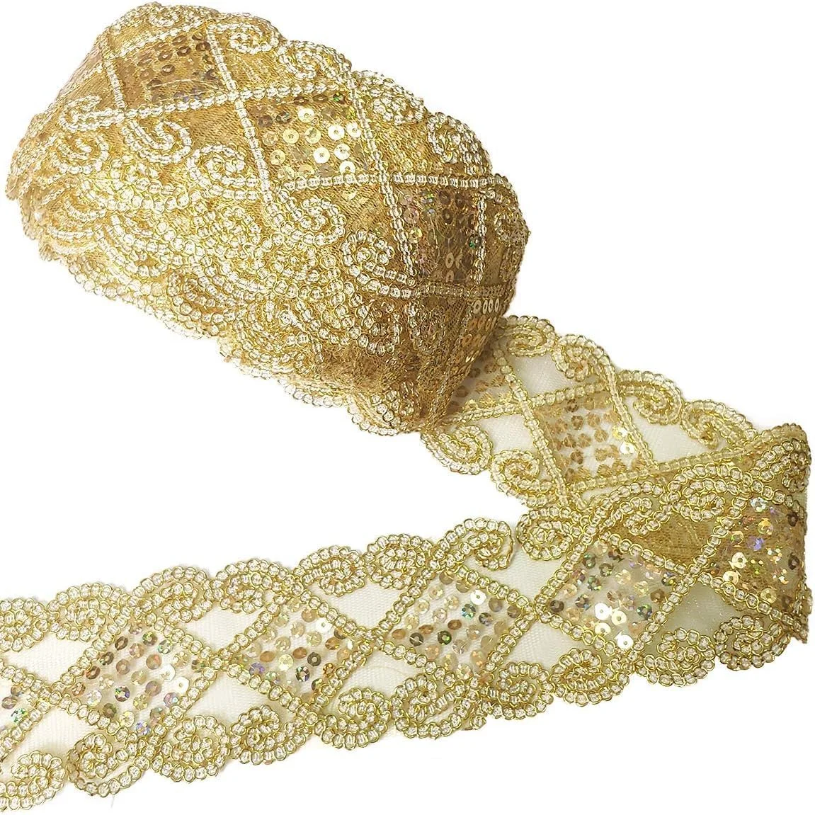نوار توری طلایی لویلیسا، 10 یارد، توری پولک دار، نوار توری مشبک، لوازم خیاطی برای تزئین لباس، تزیینات صنایع دستی
