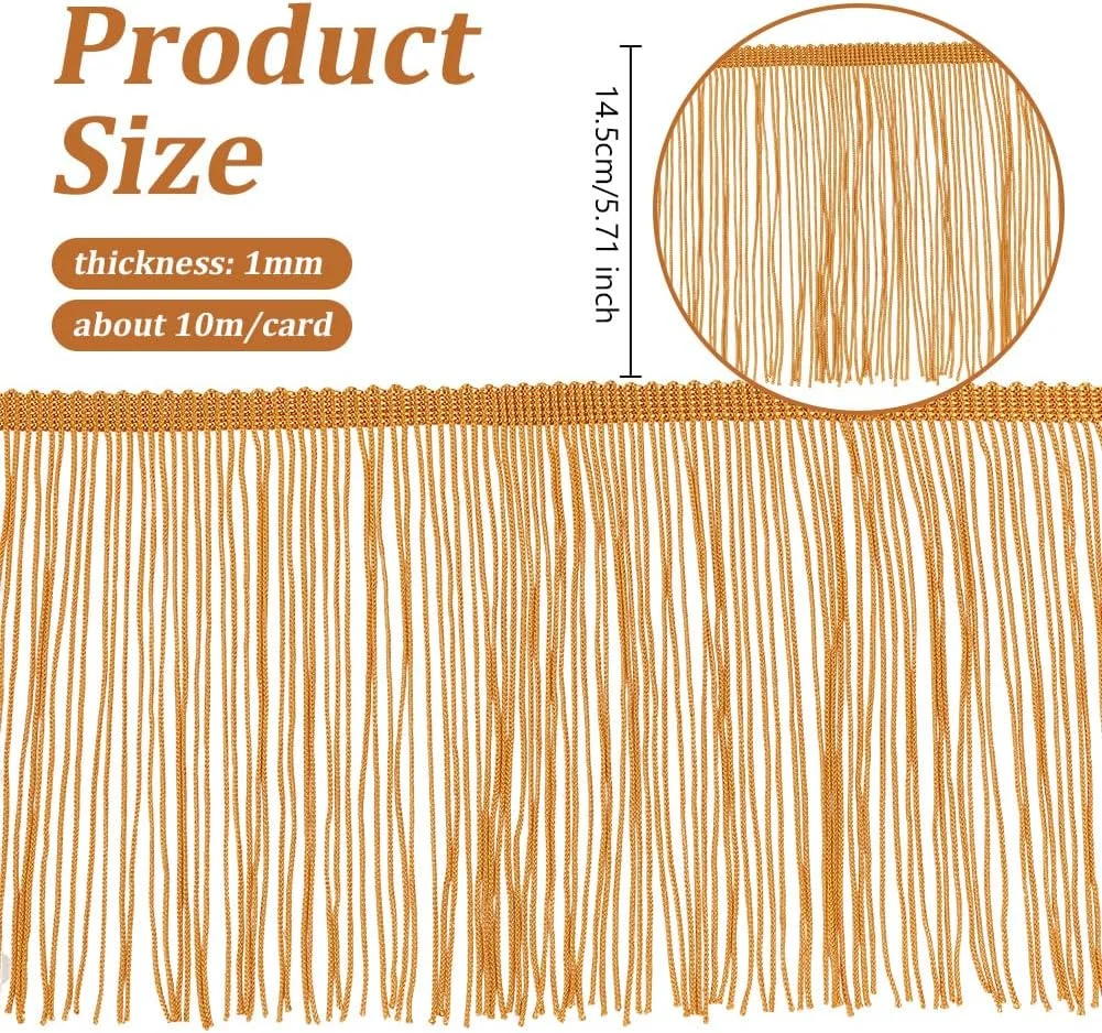 نوار حاشیه ریشه دار OLYCRAFT به طول 10 متر، توری منگوله ای با عرض 14.5 سانتی متر، نوار حاشیه زنجیره ای شامپاینی برای لباس رقص لاتین، تزئین لباس DIY، آباژور و تزئینات کوسن