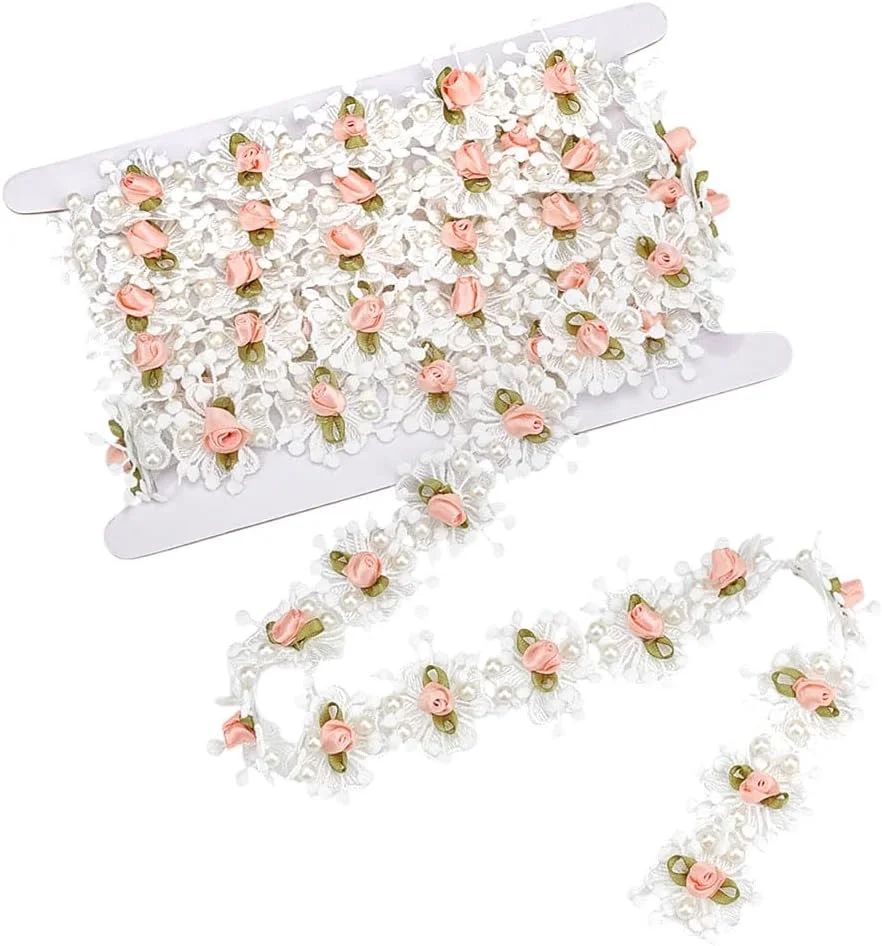 نوار توری گل رز مرواریدی MAYJOYDIY به طول 3 یارد، عرض 1.69 اینچ، گل صورتی مرواریدی وینتیج، تزیینات عروس، لوازم خیاطی دست ساز DIY برای تزئین کلاه و لباس