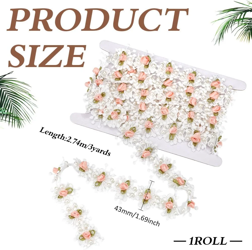 نوار توری گل رز مرواریدی MAYJOYDIY به طول 3 یارد، عرض 1.69 اینچ، گل صورتی مرواریدی وینتیج، تزیینات عروس، لوازم خیاطی دست ساز DIY برای تزئین کلاه و لباس