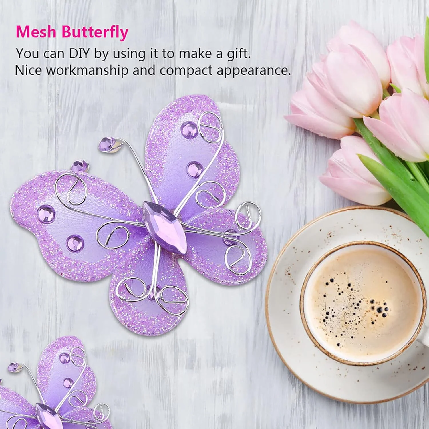 موموتن 24 عدد پروانه درخشان سیم فلزی شفاف، پروانه های نگین دار ظریف نایلونی برای تزئین لباس مهمانی عروسی، لوازم DIY برای عروسی خانگی (بنفش)
