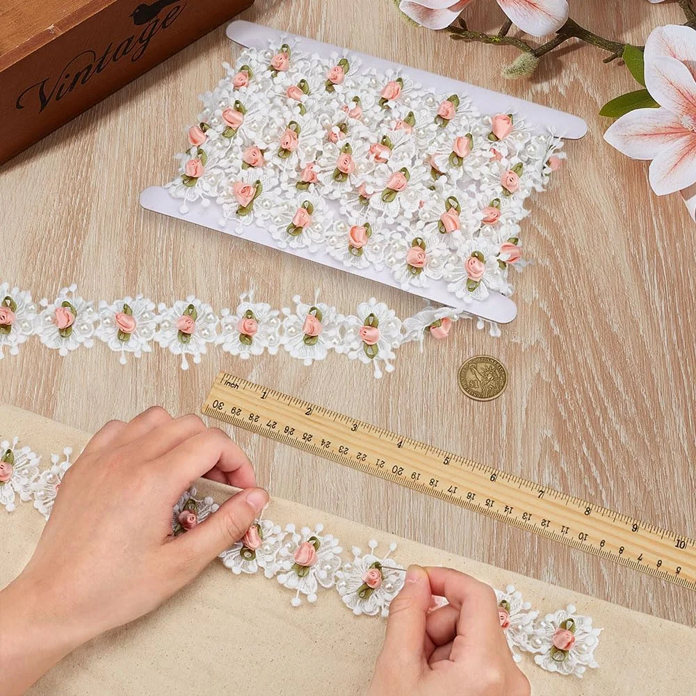 نوار توری گل رز مرواریدی MAYJOYDIY به طول 3 یارد، عرض 1.69 اینچ، گل صورتی مرواریدی وینتیج، تزیینات عروس، لوازم خیاطی دست ساز DIY برای تزئین کلاه و لباس