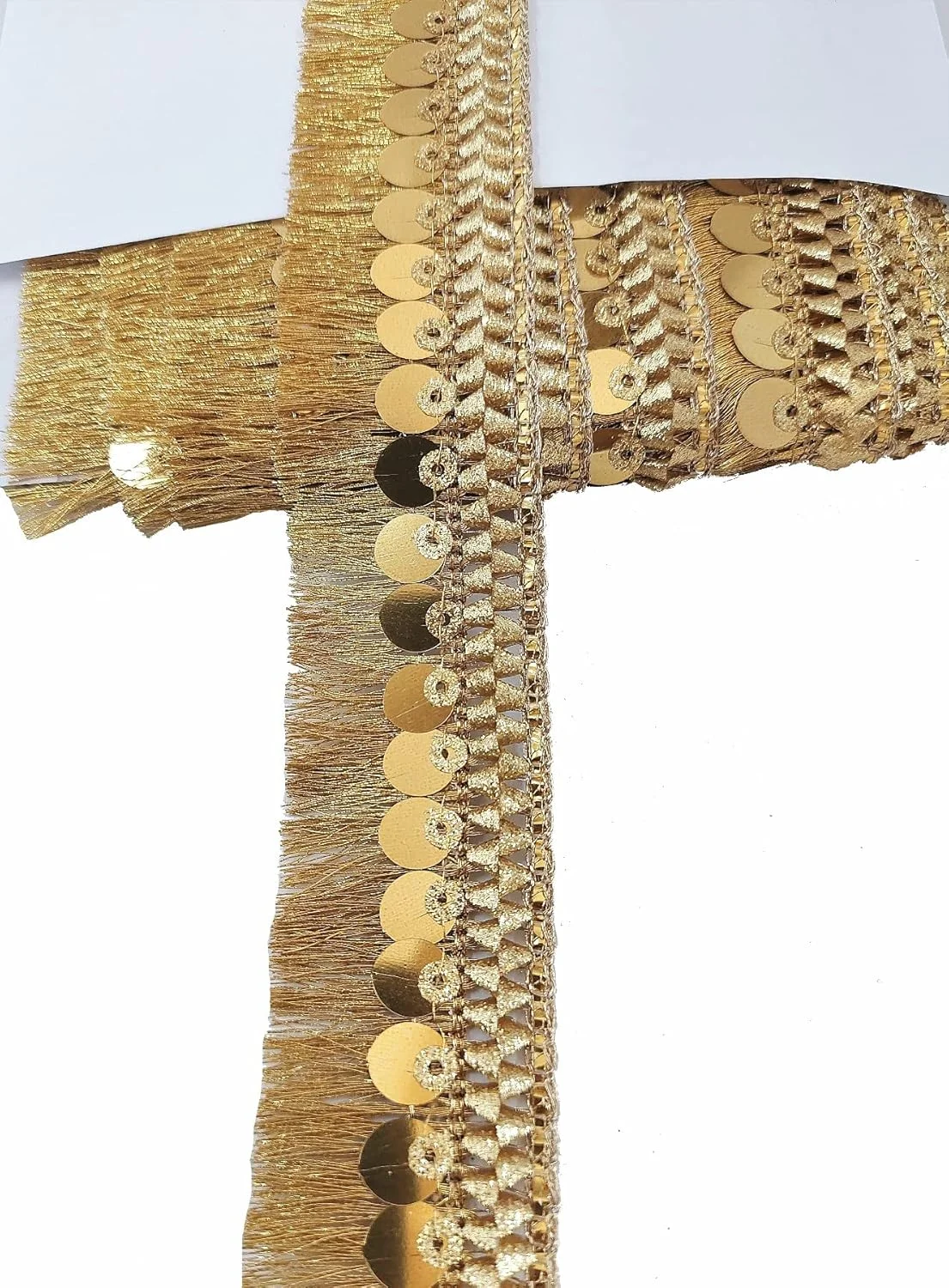 حاشیه توری پولک دار منگوله دار مزین زری-2 مناسب برای لباس، ساری، لهنگا، دوپاتا، کیف، صنایع دستی و تزئینات (9 متر) (طلایی عتیقه)