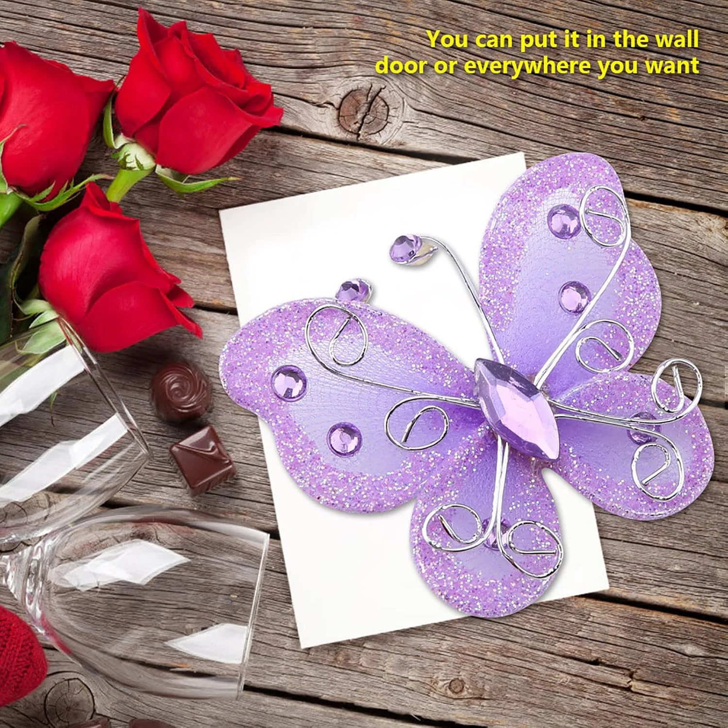 موموتن 24 عدد پروانه درخشان سیم فلزی شفاف، پروانه های نگین دار ظریف نایلونی برای تزئین لباس مهمانی عروسی، لوازم DIY برای عروسی خانگی (بنفش)