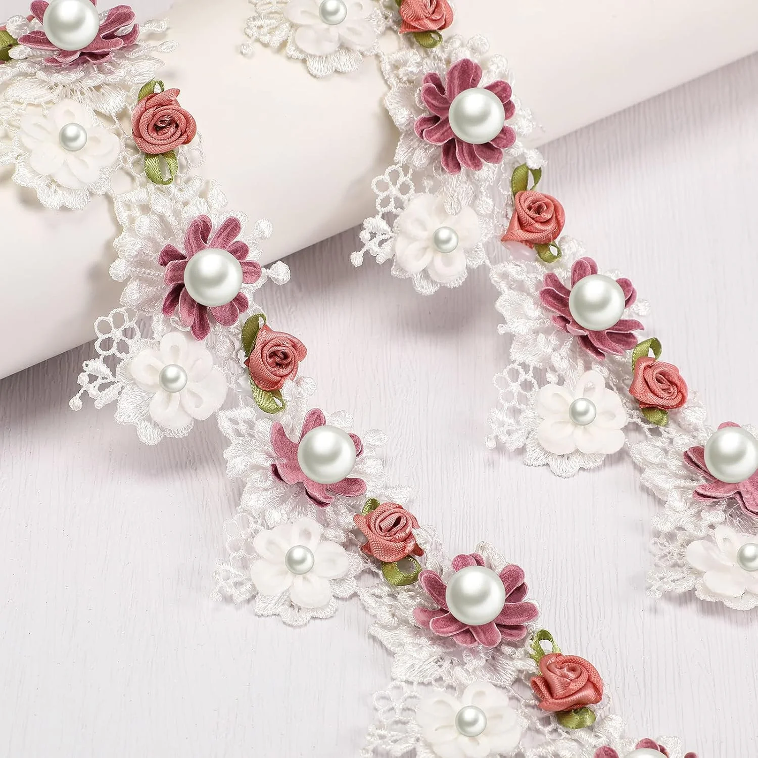 نوار تزیینی لبه توری مرواریدی گل KASTWAVE، عرض 5.5 سانتی متر، نوار تزیینی به سبک وینتیج، پارچه گلدوزی شده برای دوخت لباس عروس، تزیین لباس مهمانی (1 متر)