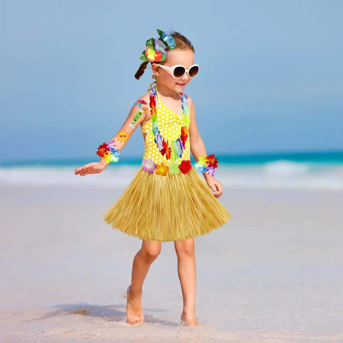 ست لباس 8 تکه دامن هاوایی HBell، دامن علفی هاوایی 40 سانتی متری، لی های هاوایی، عینک آناناسی برای لوازم لباس فانتزی کودکان، تزئینات مهمانی استوایی ساحل تابستانی