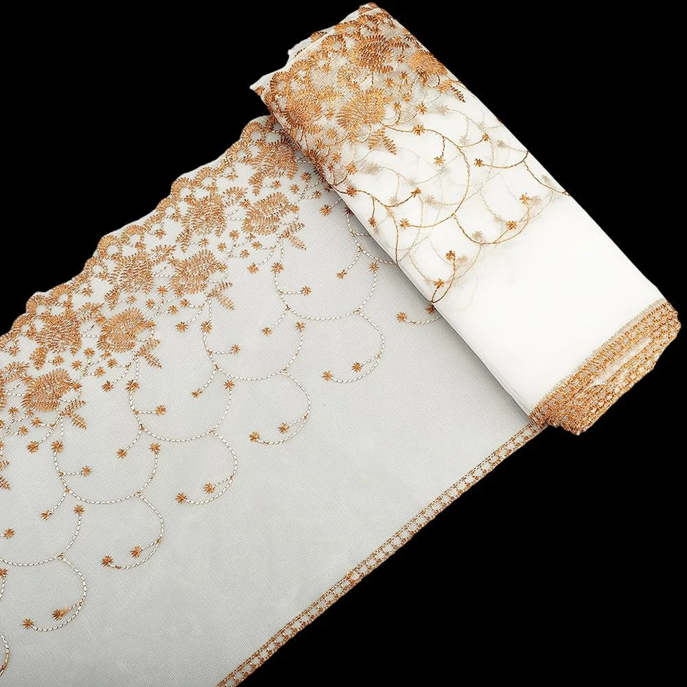 گورج‌کرافت 6 متر توری گل قهوه‌ای ساخته شده از پلی‌استر وینتیج 26 سانتی‌متر پهن طرح گل گلدوزی تزئینات منزل پارچه خیاطی نوار توری برای لباس عروس لباس کاردستی DIY لوازم پوشاک