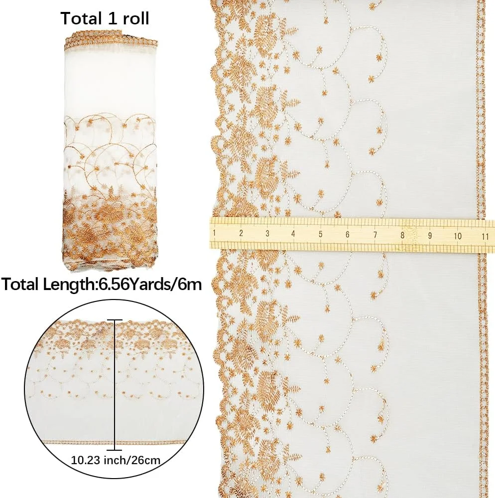 گورج‌کرافت 6 متر توری گل قهوه‌ای ساخته شده از پلی‌استر وینتیج 26 سانتی‌متر پهن طرح گل گلدوزی تزئینات منزل پارچه خیاطی نوار توری برای لباس عروس لباس کاردستی DIY لوازم پوشاک