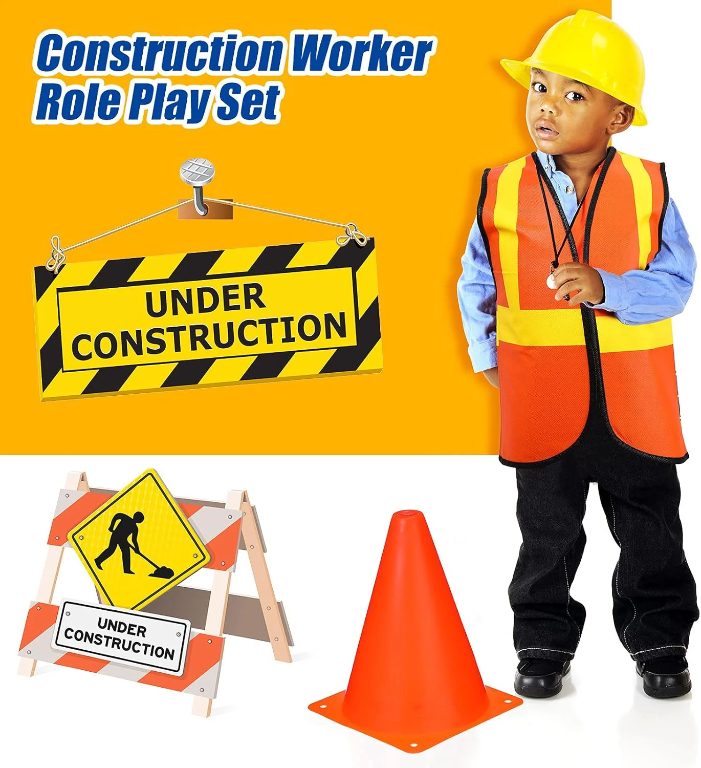 مجموعه 48 تکه لباس کار ساختمانی Gejoy - کیف دستی، جلیقه، کلاه، مخروط های ترافیکی برای تولد، کارناوال، لباس مهمانی هالووین