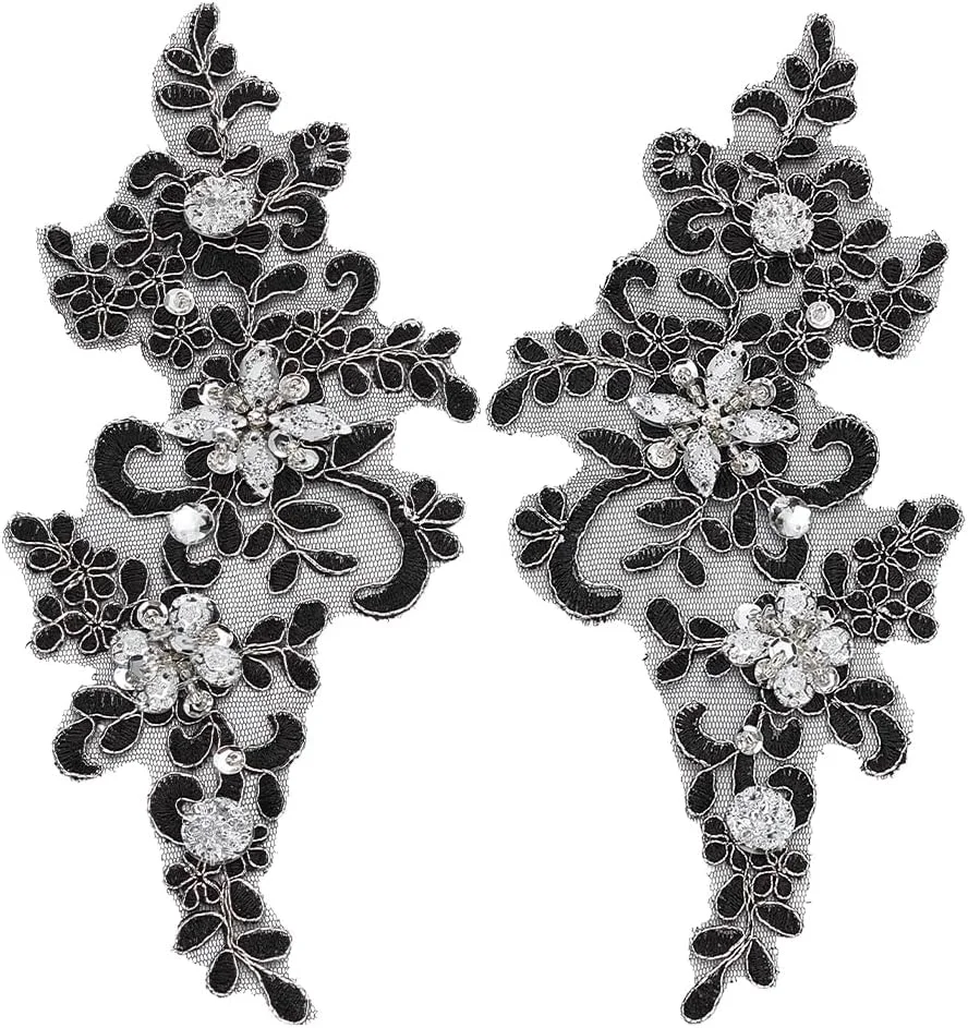 FINGERINSPIRE 2 عدد اپلیکه گل مهره ای بدلیجات 9.8x4.1 اینچ گل مشکی گلدوزی شده با بدلیجات سه بعدی برای پروژه های خیاطی DIY لوازم تزئین لباس