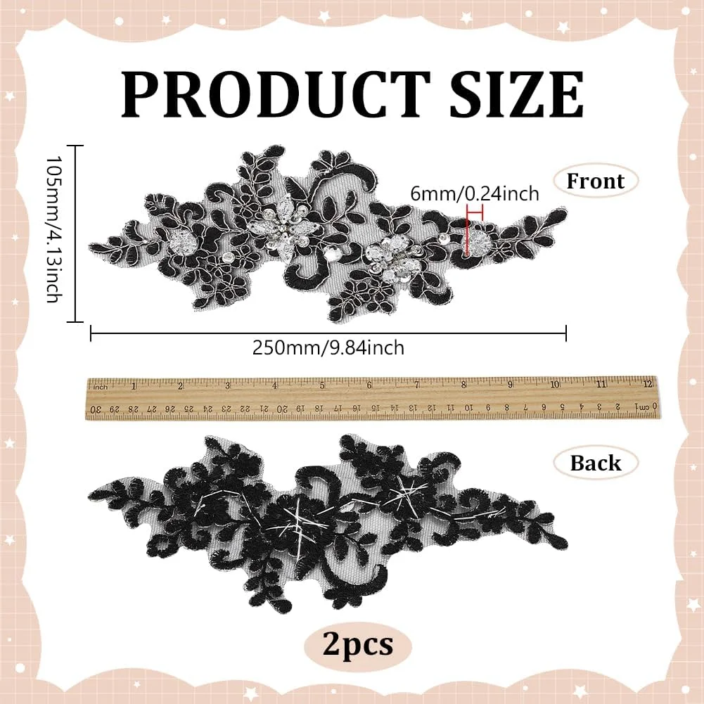 FINGERINSPIRE 2 عدد اپلیکه گل مهره ای بدلیجات 9.8x4.1 اینچ گل مشکی گلدوزی شده با بدلیجات سه بعدی برای پروژه های خیاطی DIY لوازم تزئین لباس