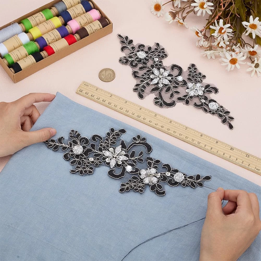 FINGERINSPIRE 2 عدد اپلیکه گل مهره ای بدلیجات 9.8x4.1 اینچ گل مشکی گلدوزی شده با بدلیجات سه بعدی برای پروژه های خیاطی DIY لوازم تزئین لباس